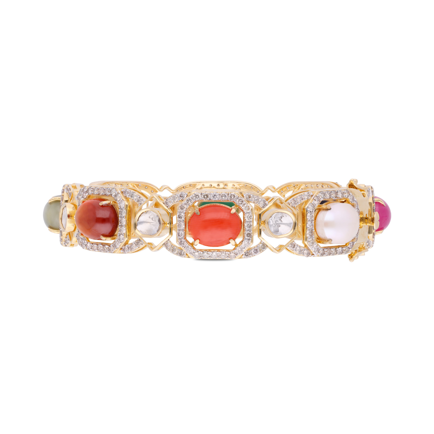 Celestial Harmony: Gold Bangles with Rose-Cut Diamonds & Nine Divine Gemstones