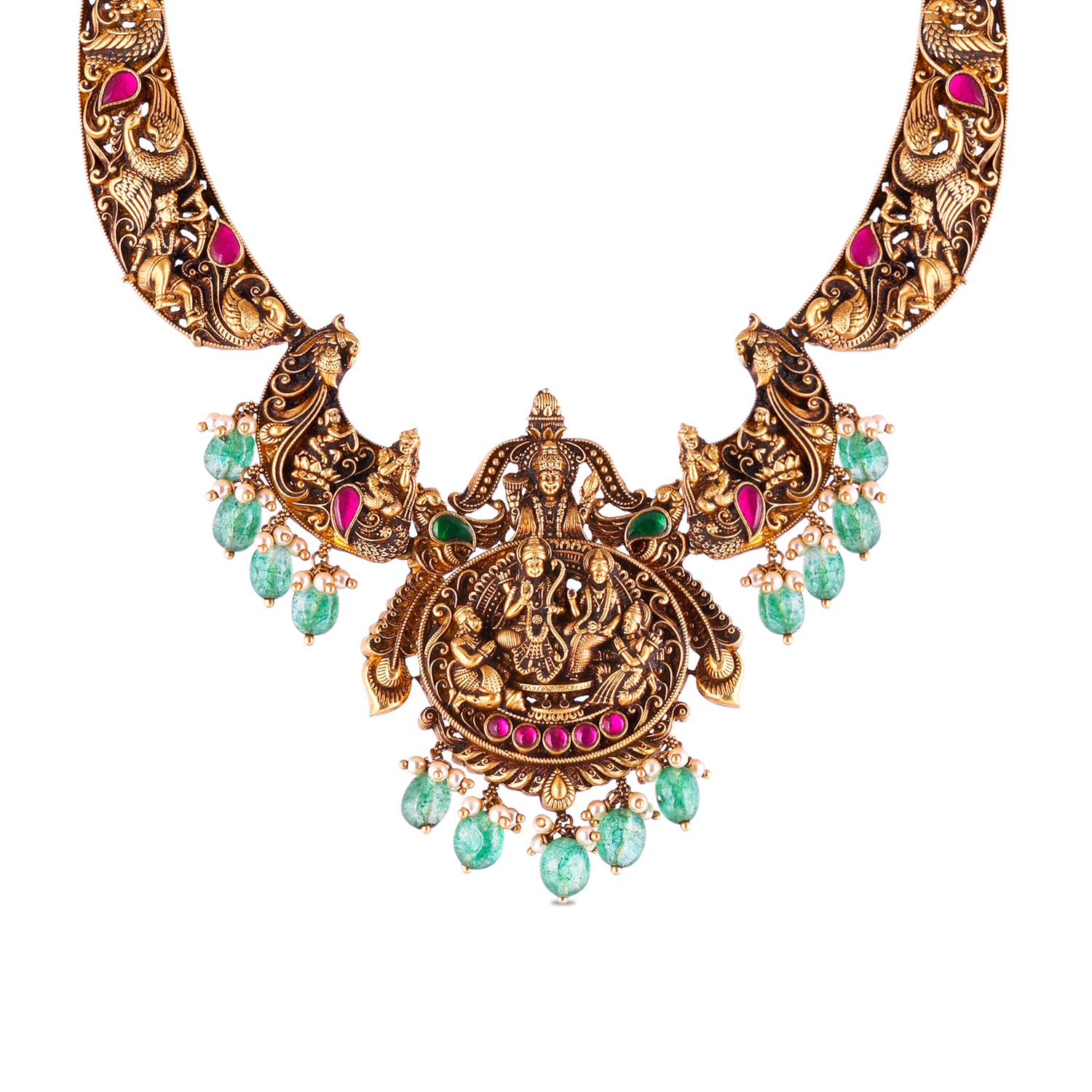 Regal Temple Gold Oxidized Necklace with Emerald Beads & Multicolor Stones