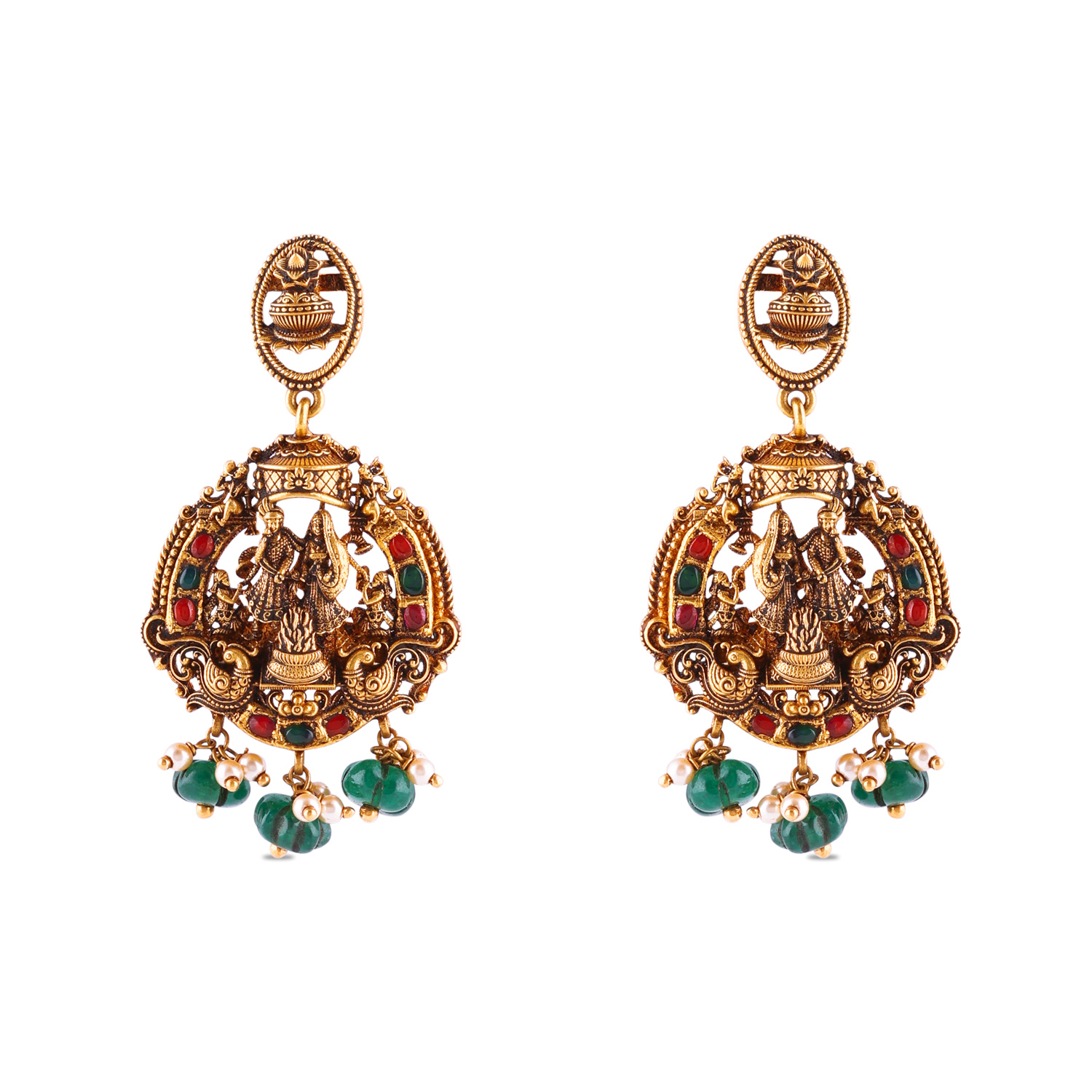 Royal Temple Gold Oxidized Earrings with Emerald Beads & Cultured Pearls