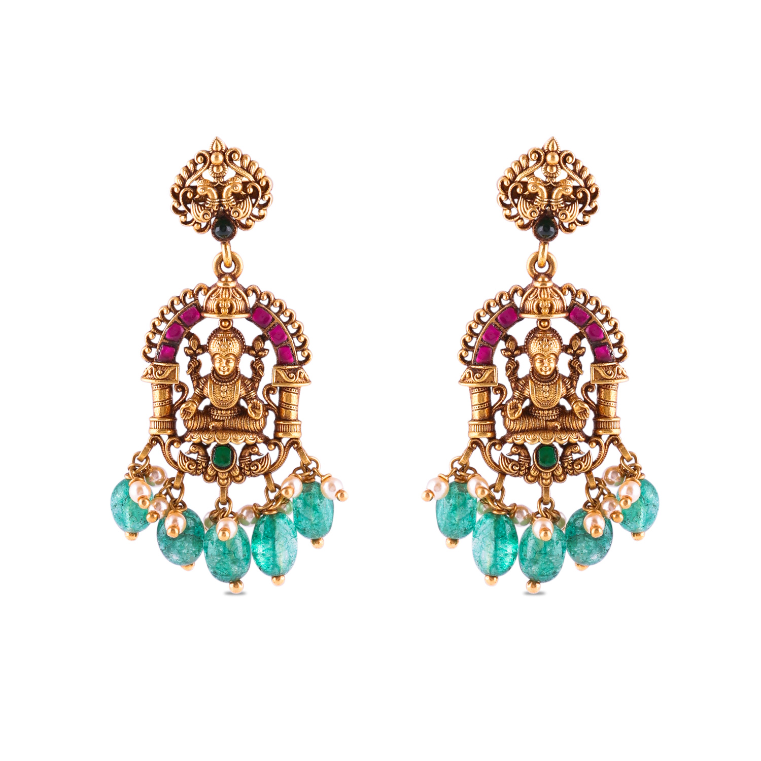 Divine Temple Gold Ear Drops with Emerald & Pearl Accents