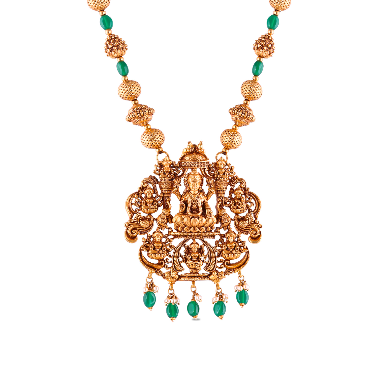 Grand Temple Gold Necklace with Emerald & Pearl Accents