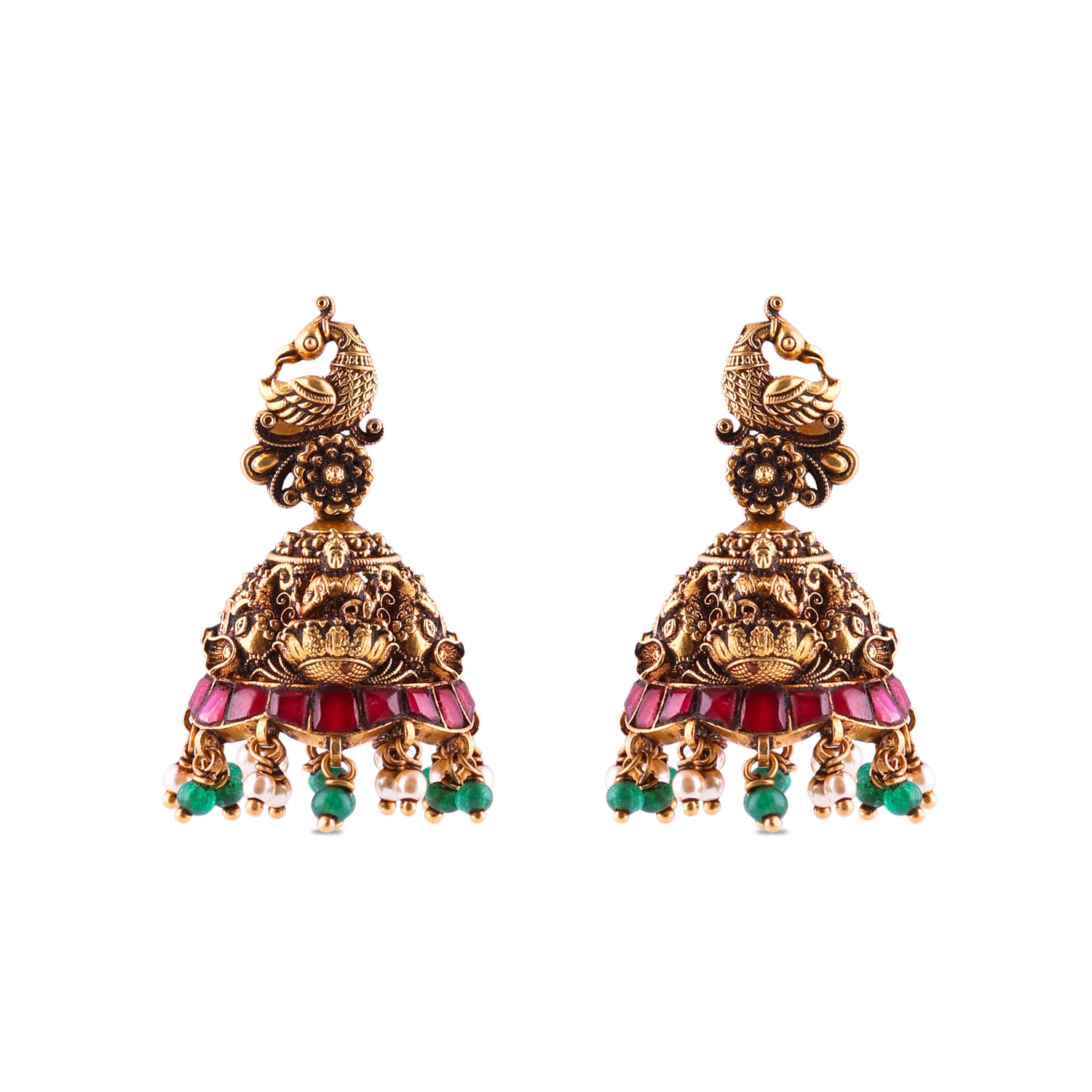 Oxidized Gold Temple Jhumka Earrings with Pearl & Stone Accents