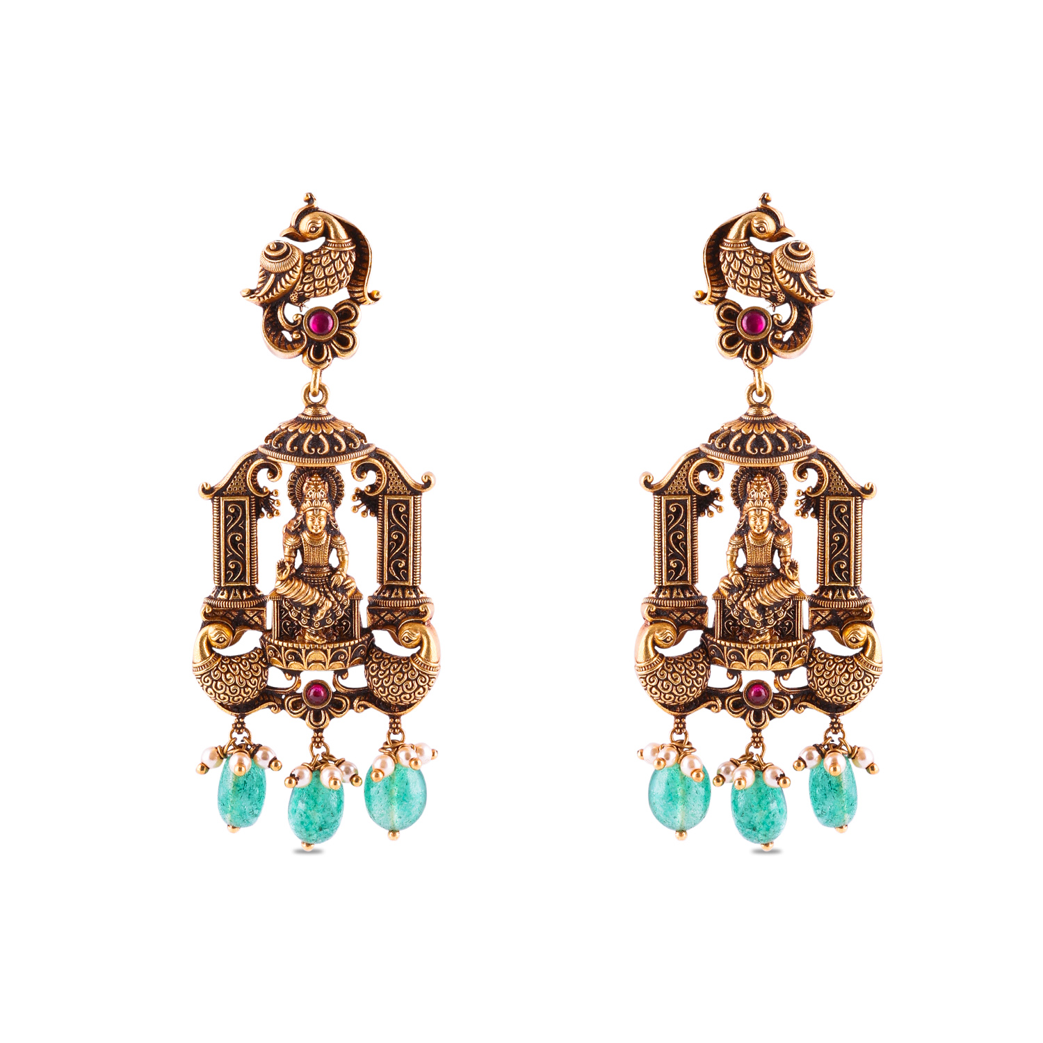 Divine Temple Gold Earrings with Emerald Beads, Cultured Pearls & Red Stones