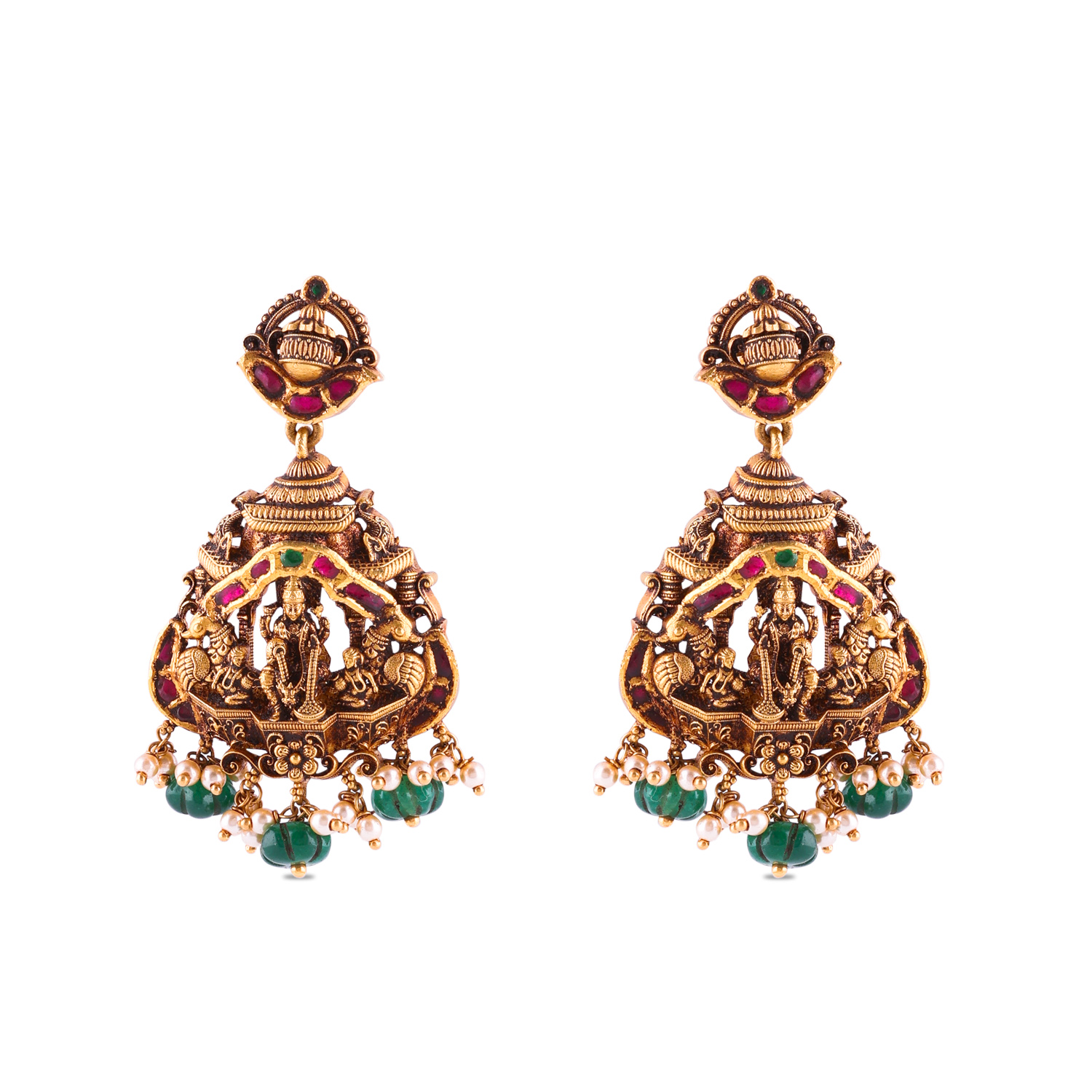 Oxidized Gold Temple Jhumka Earrings with Emerald & Pearl Accents