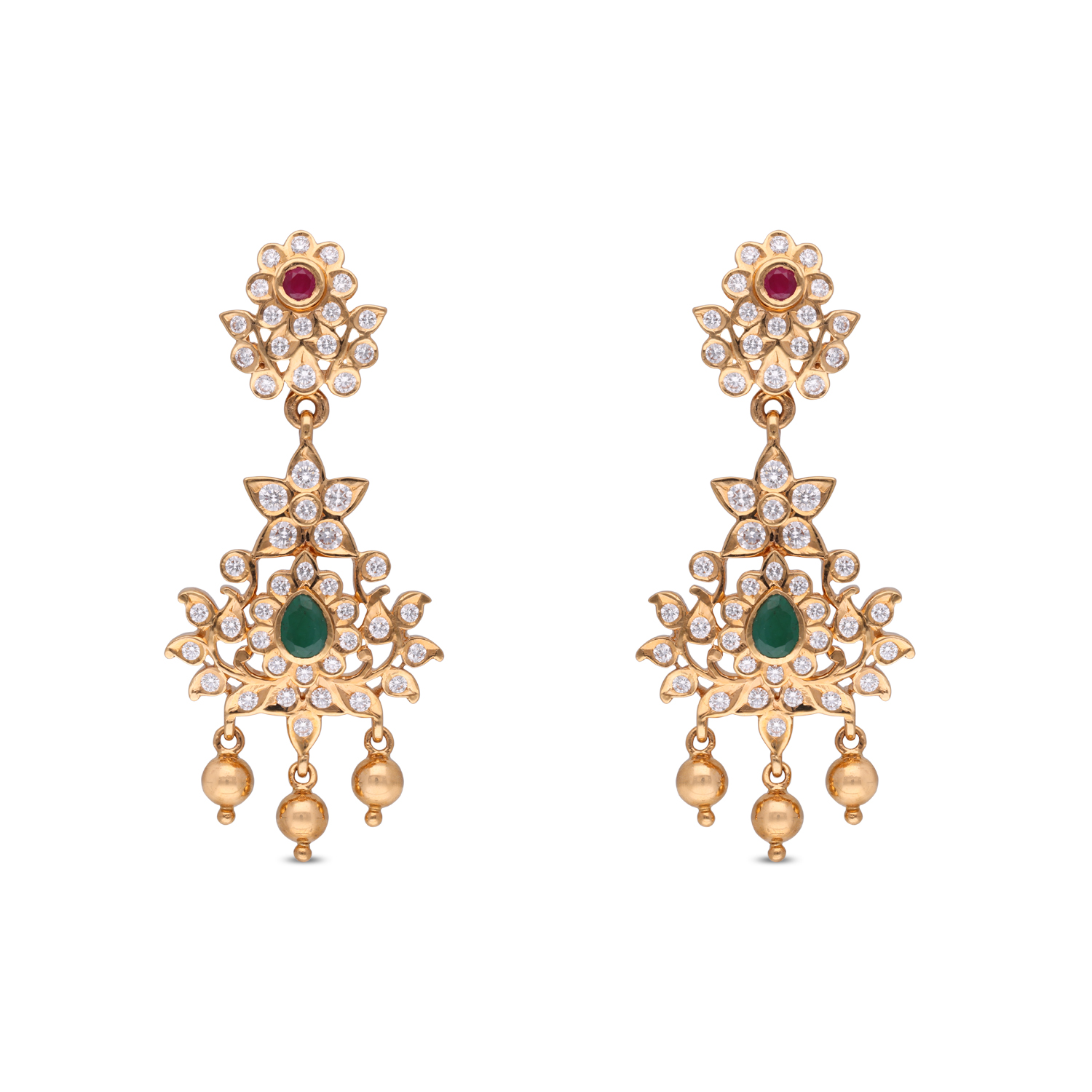 Elegant Gold Drop Earrings with Diamonds, Emerald & Ruby Accents