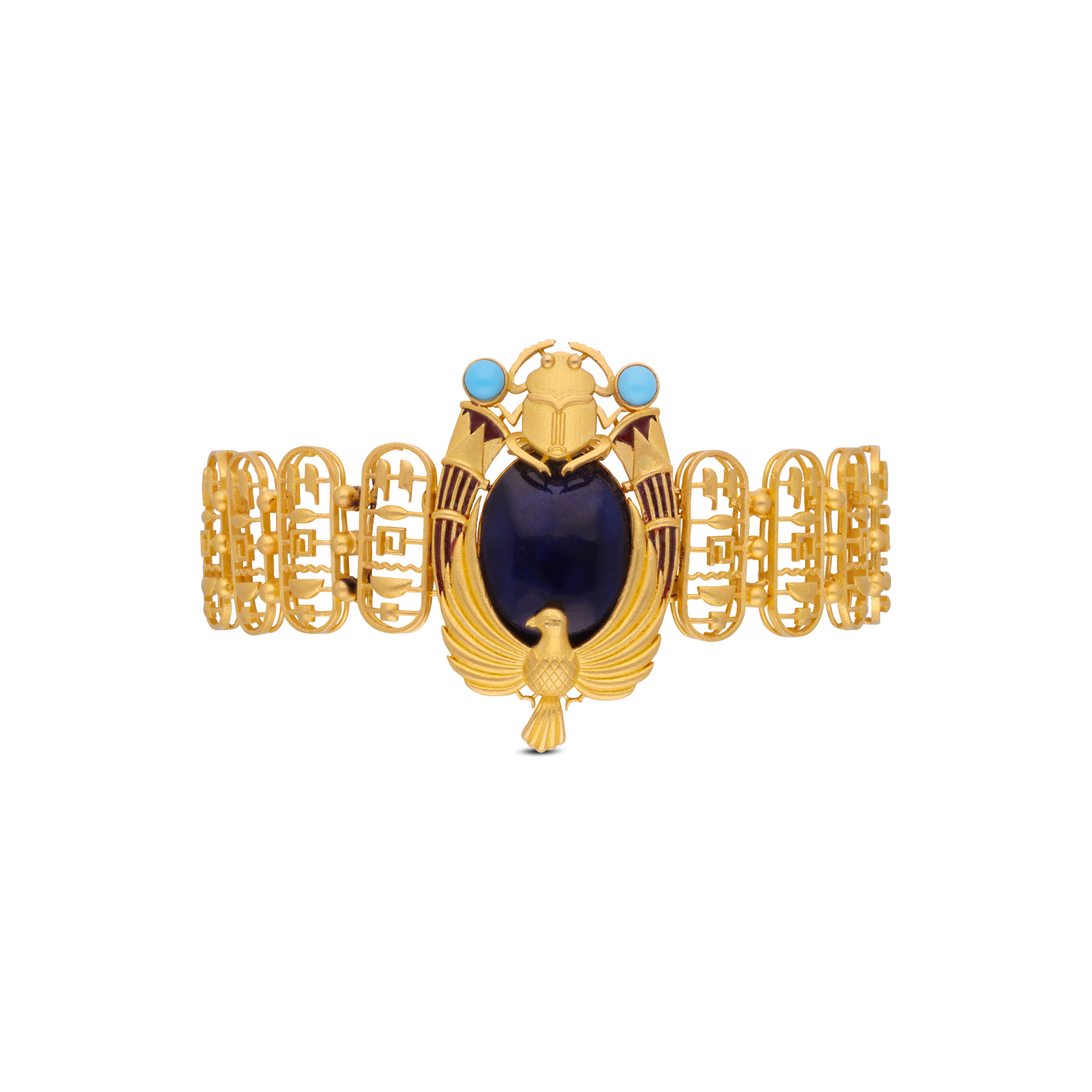 Regal Egyptian Revival Scarab Bracelet in Gold with Lapis & Turquoise Accents