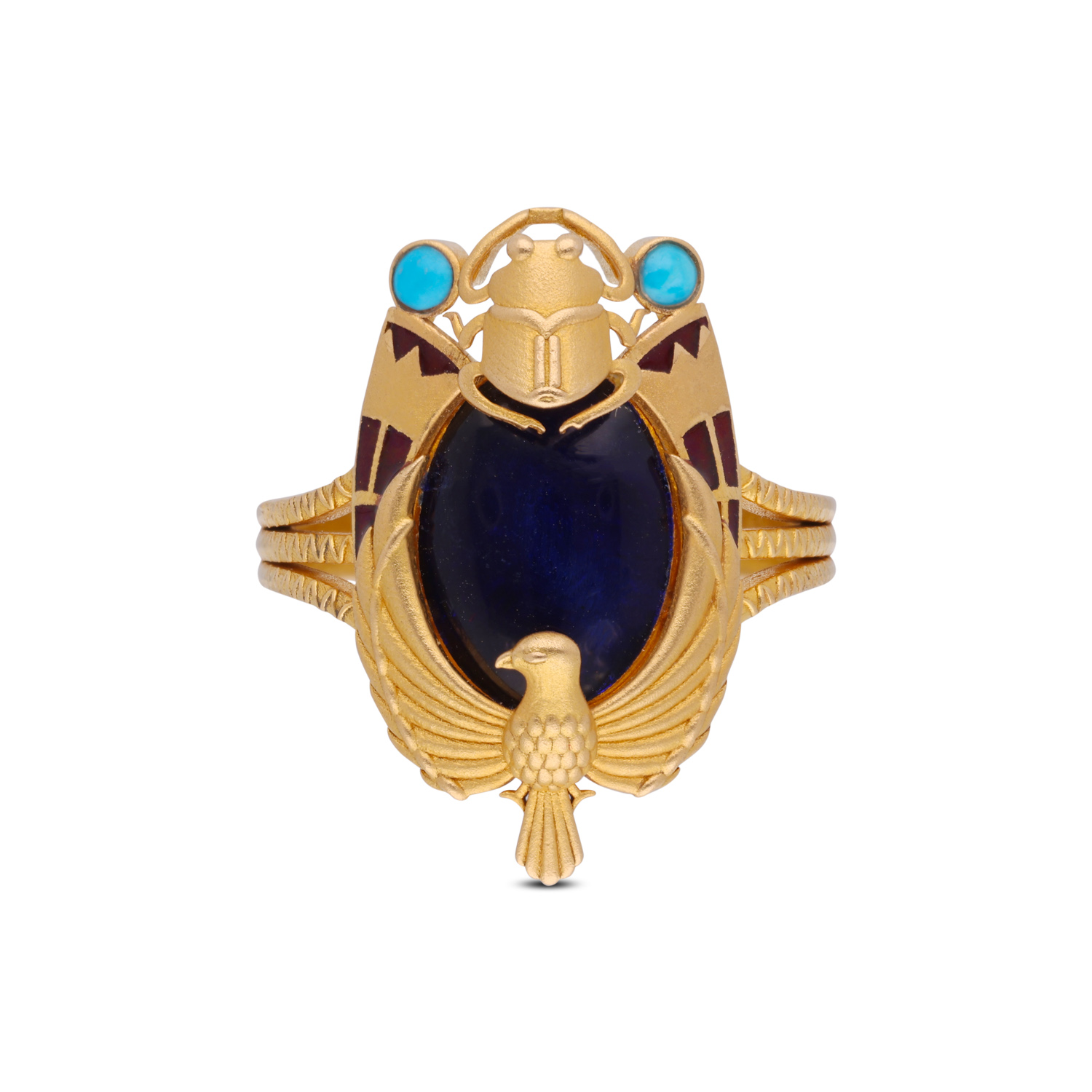 Regal Egyptian Revival Gold Ring with Lapis Lazuli, Turquoise & Falcon Motif