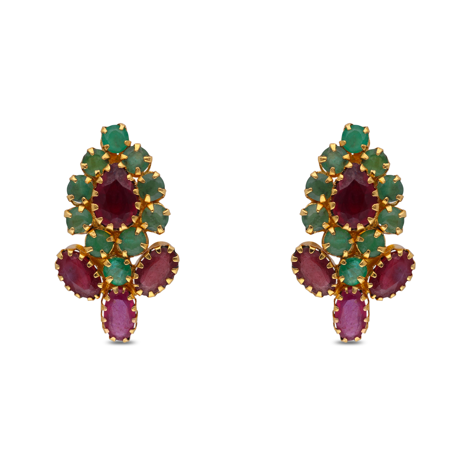 Royal Bloom Gold Ear Studs with Emerald & Ruby Brilliance
