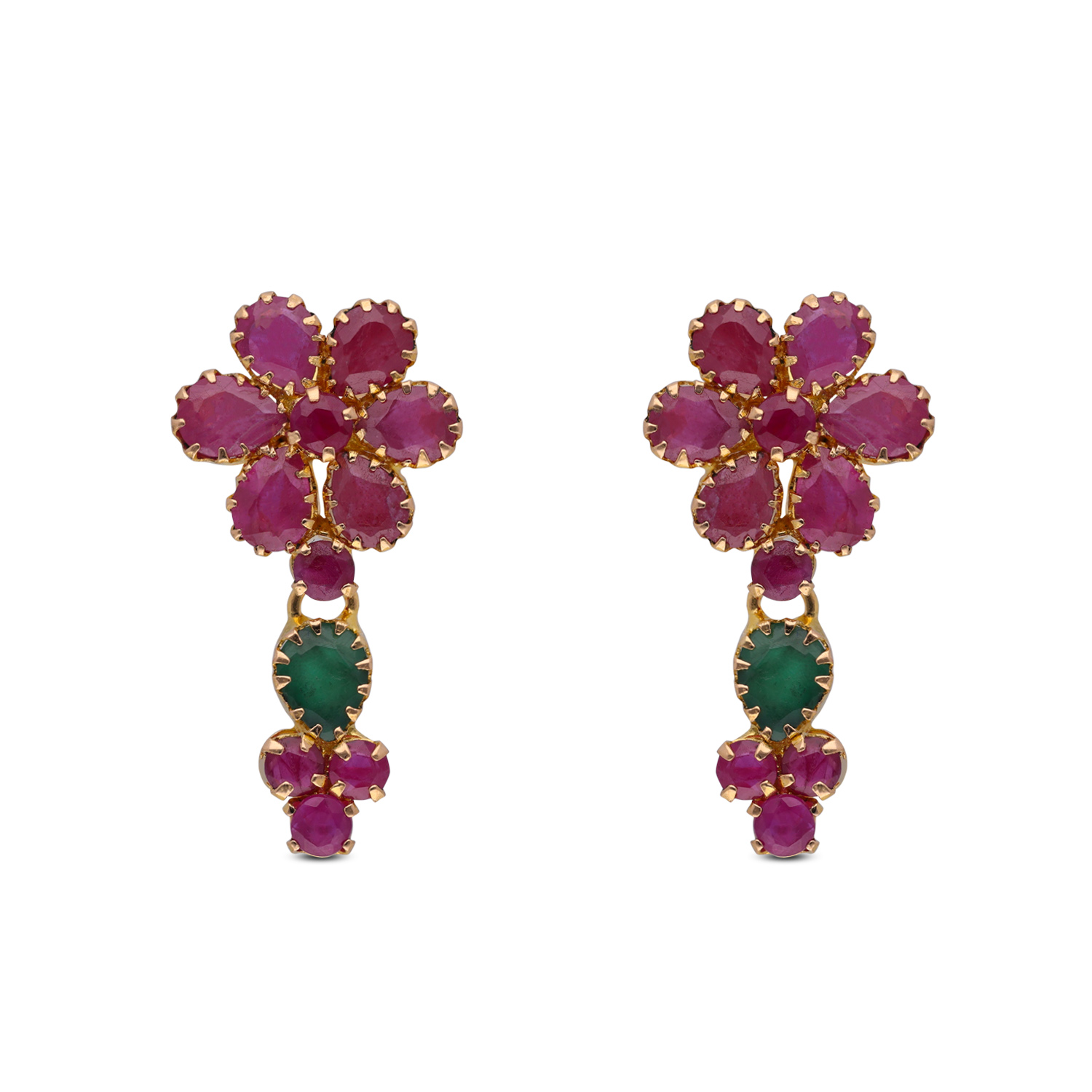 Floral Symphony Gold Earrings with Radiant Rubies & Emerald Accents