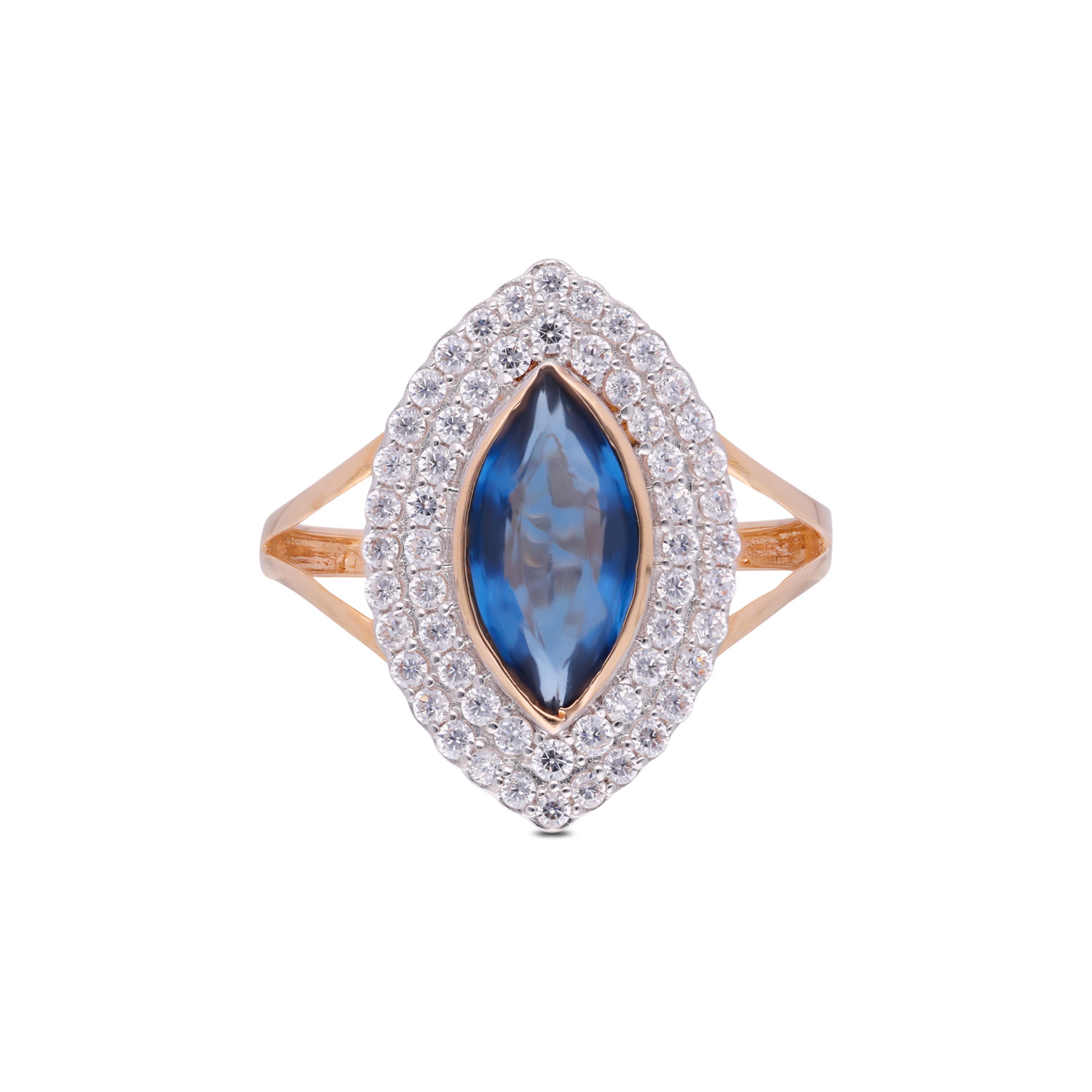 Majestic Marquise Gold Ring with White Cubic Zirconia & Royal Blue Centerstone