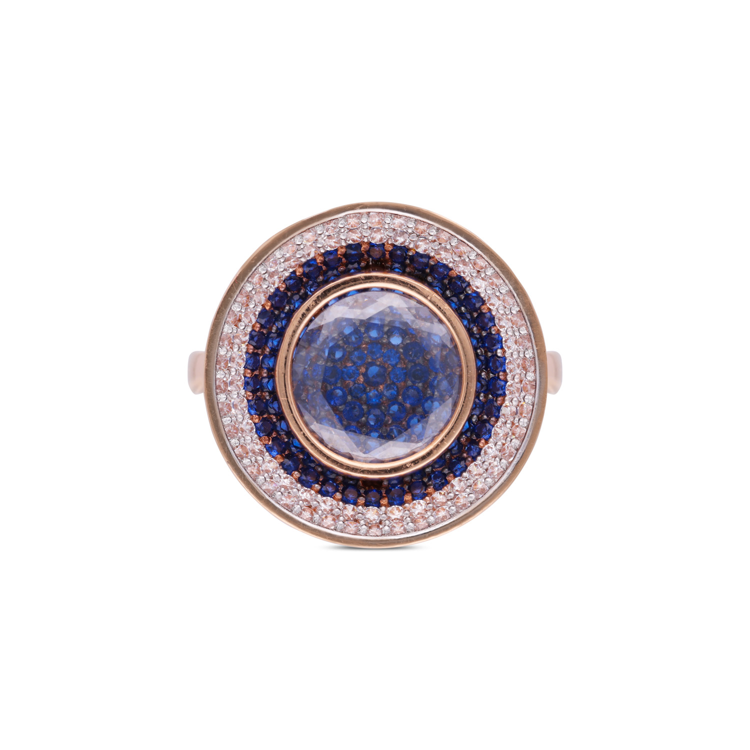 Celestial Aura Gold Ring with White Cubic Zirconia & Deep Blue Accents