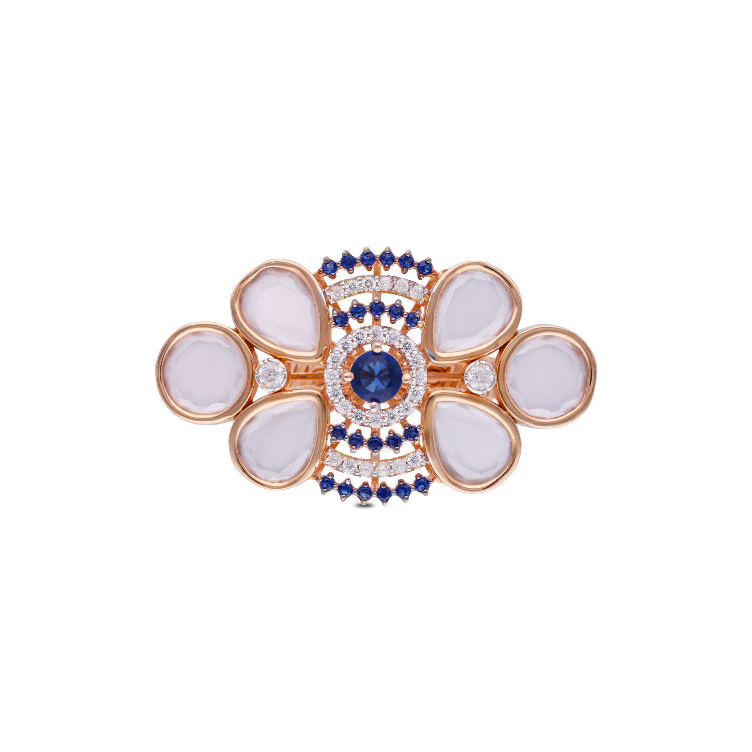 Exquisite Floral Gold Ring with Blue Sapphire & White Cubic Zirconia