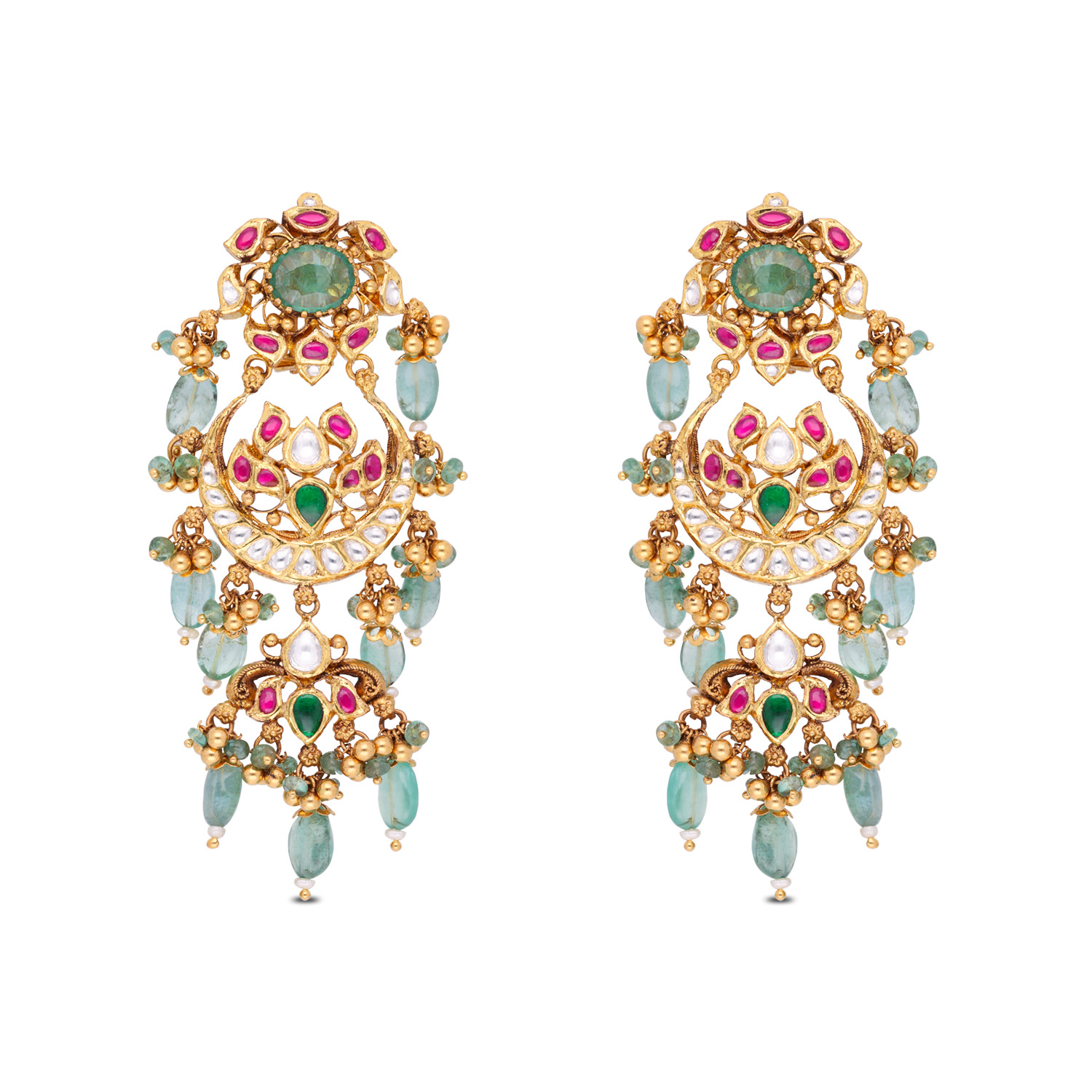 Opulent Gold Chandbali Earrings with Emeralds, Cultured Pearls & Kundan Stones