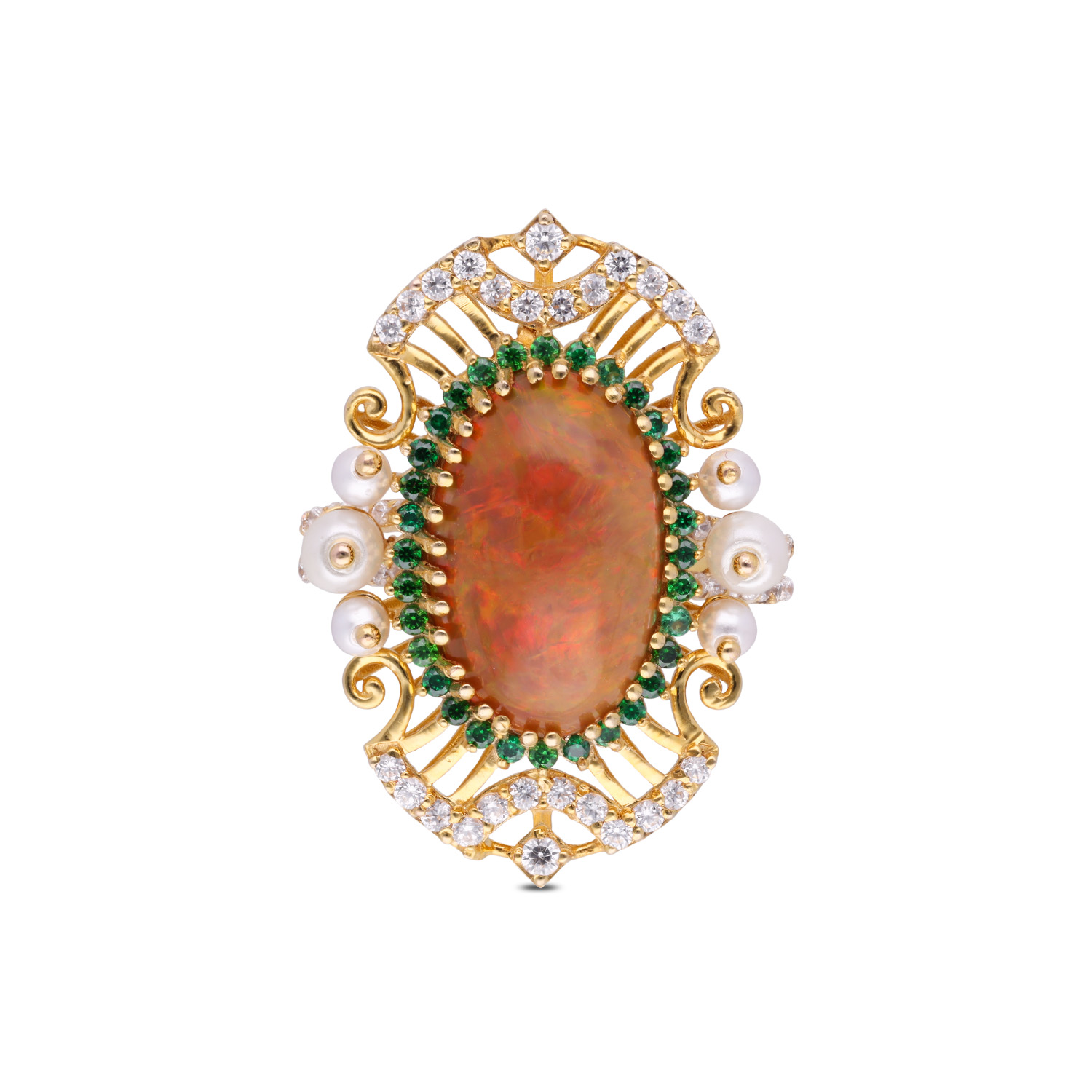 Baroque Majesty Gold Ring with Opal, White Cubic Zirconia & Pearls