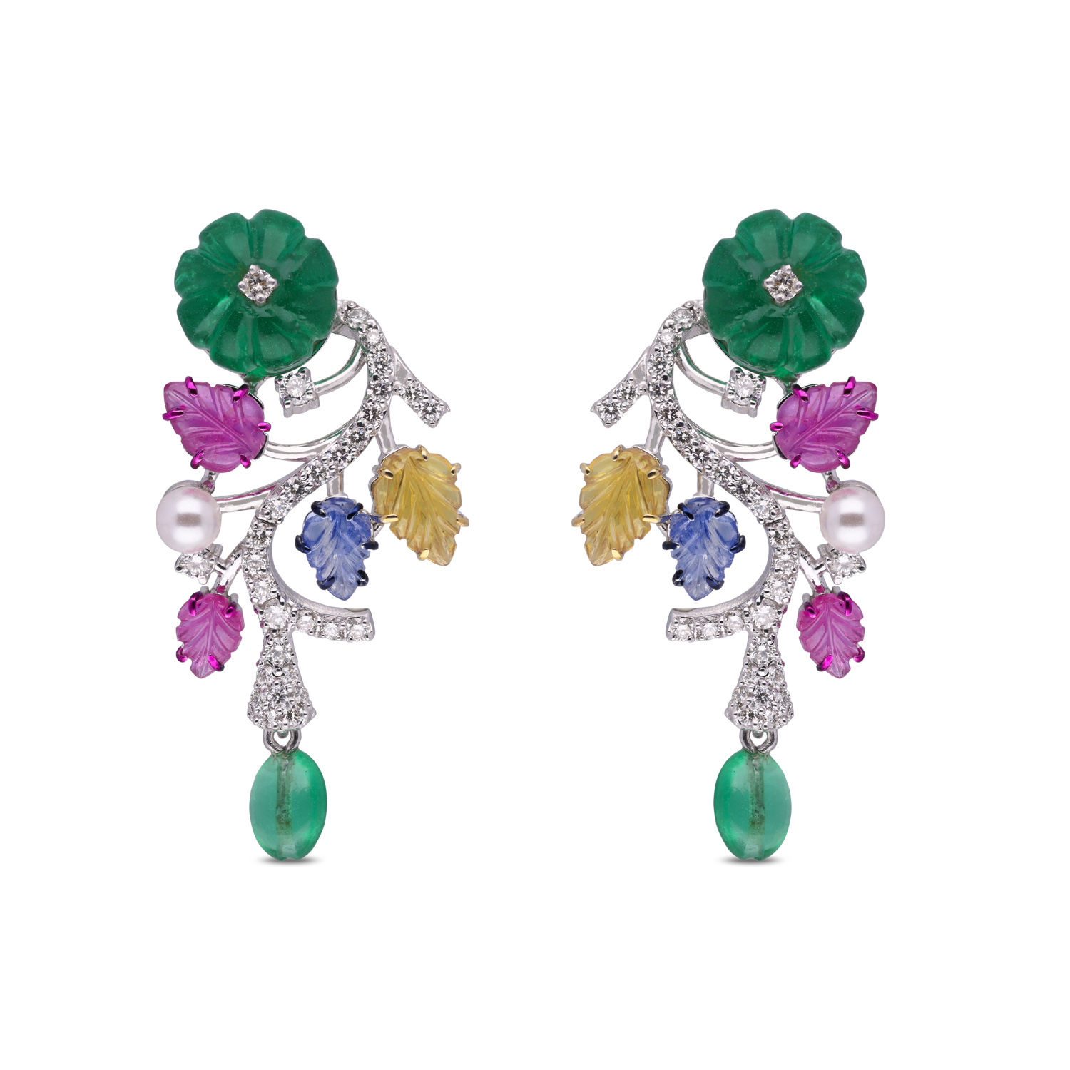 Enchanting Gold Ear Drops with Diamonds & Multi-Colored Sapphires