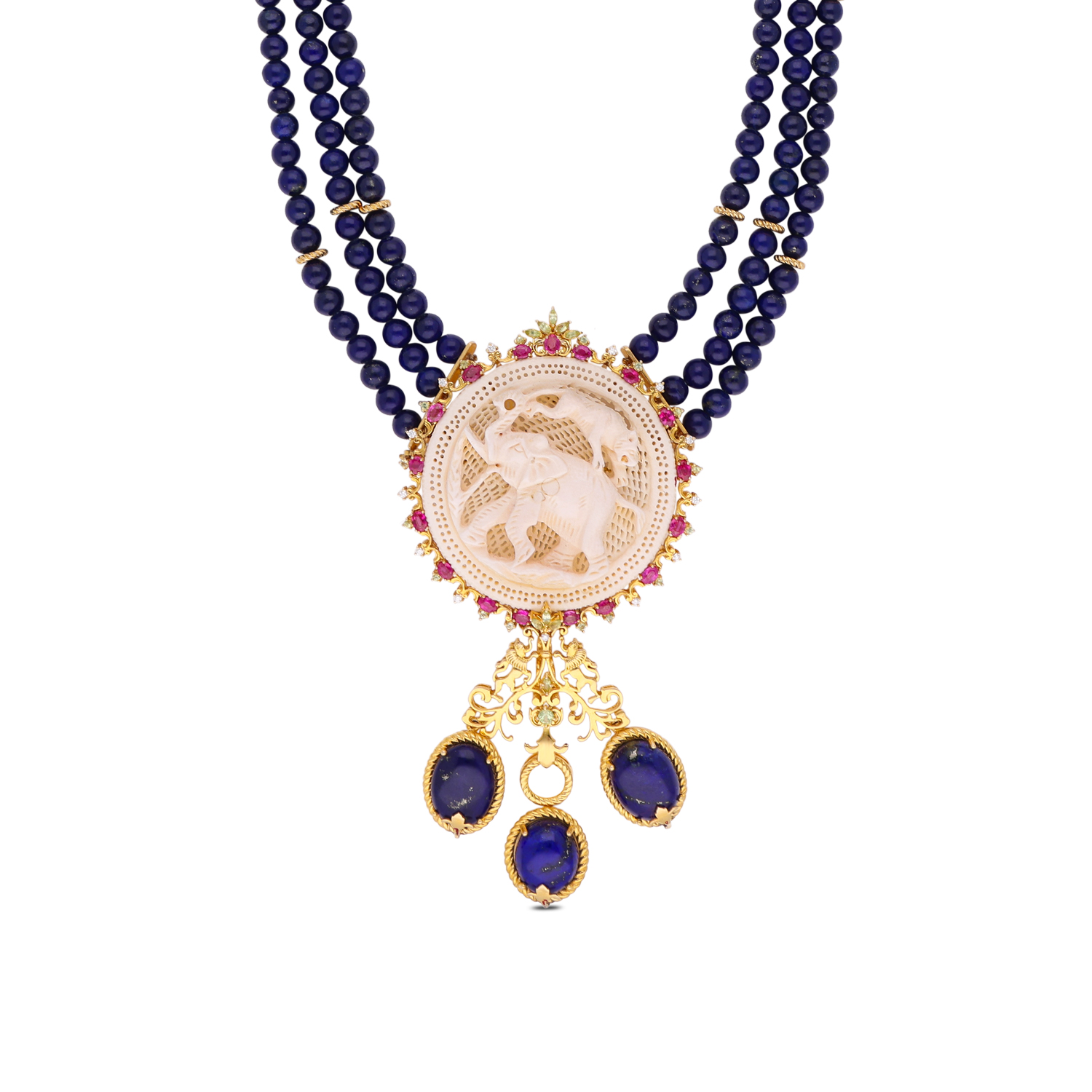 Regal Gold Necklace with Diamonds, Lapis Lazuli, Peridot & Tourmaline Elegance