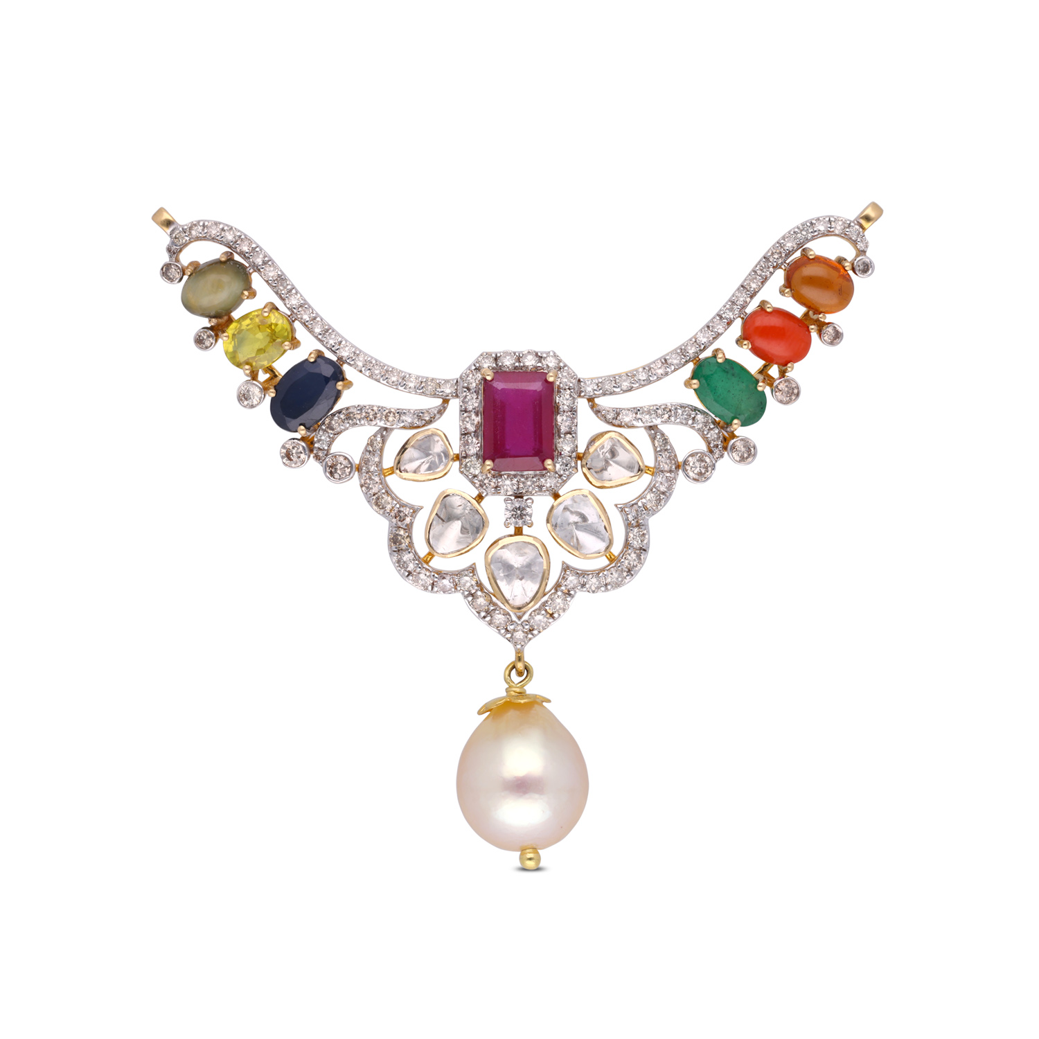 Majestic Navaratna Gold Pendant – A Symphony of Colors & Elegance