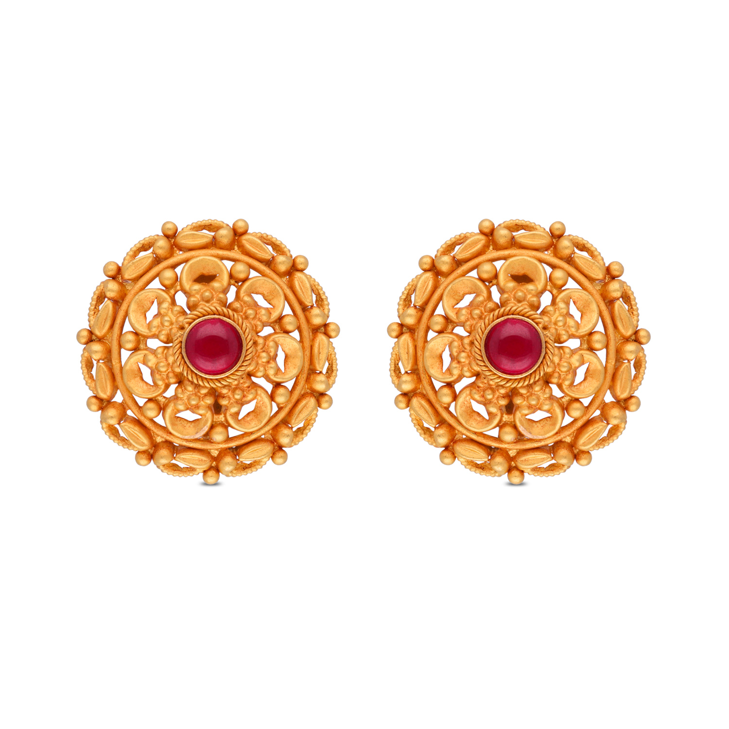 Elegant Gold Studs with Intricate Detailing and Vibrant Red Stone