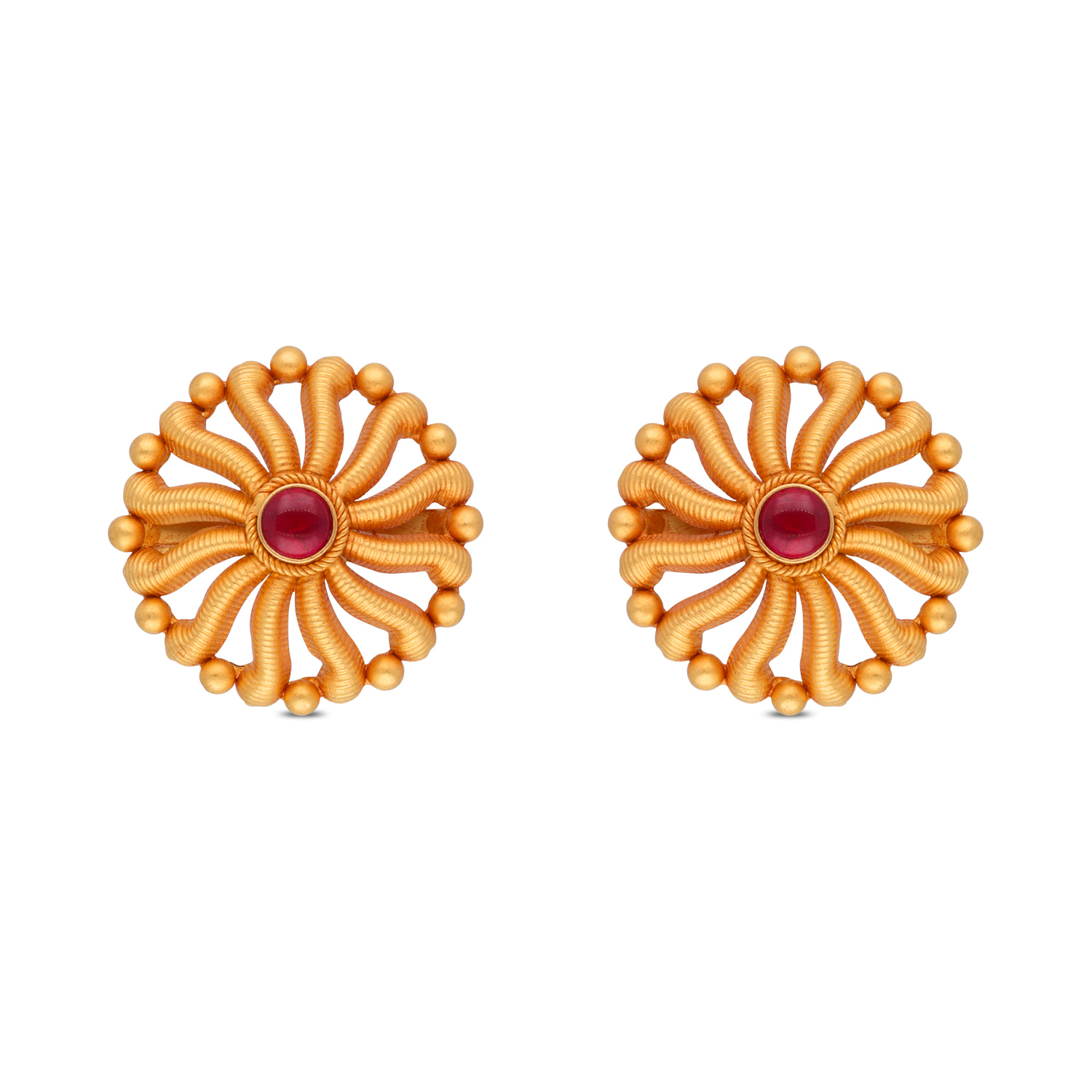 Elegant Gold Floral Stud Earrings with Red Gemstone Center