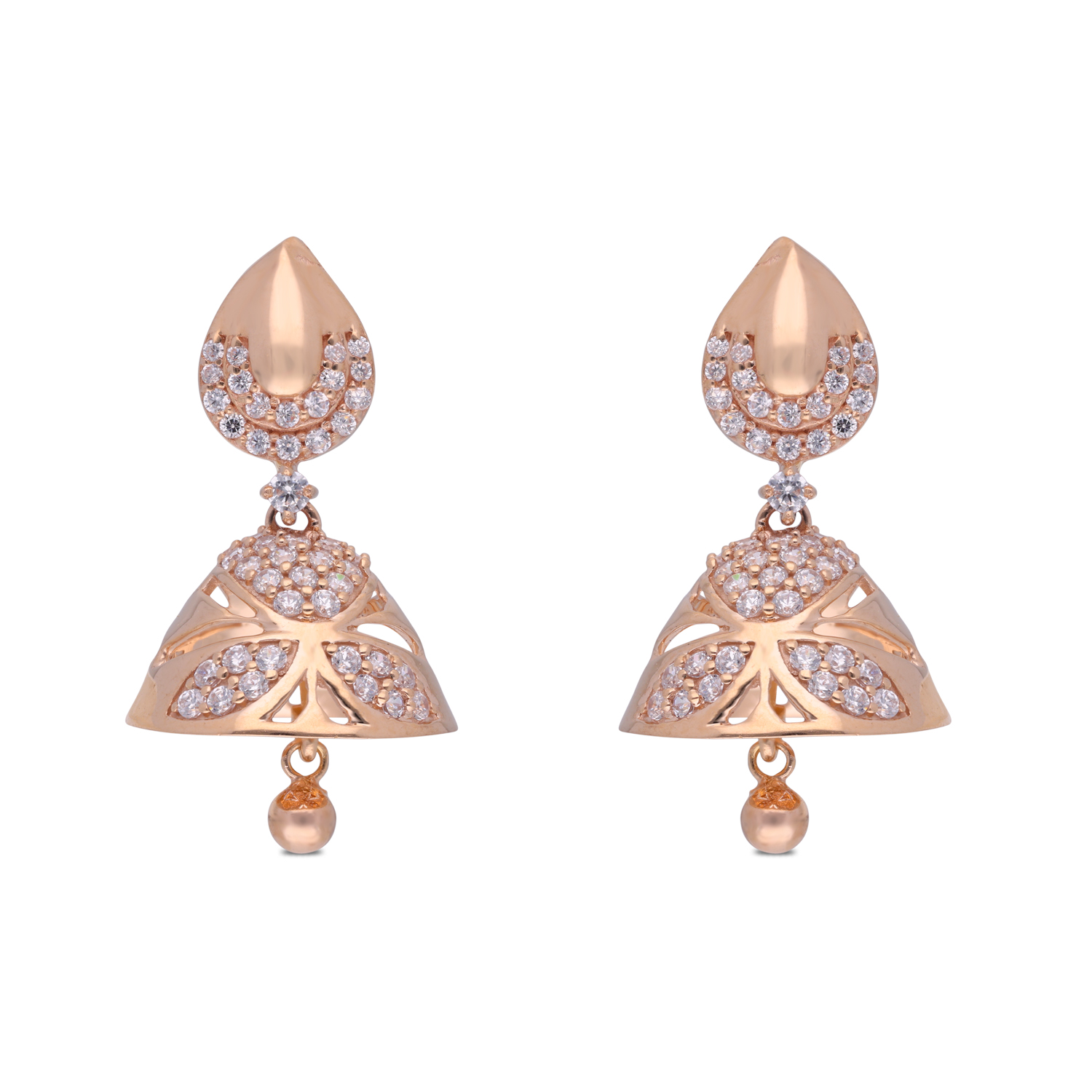Graceful Jhumka Gold Drop Earrings with White Zircon Sparkle