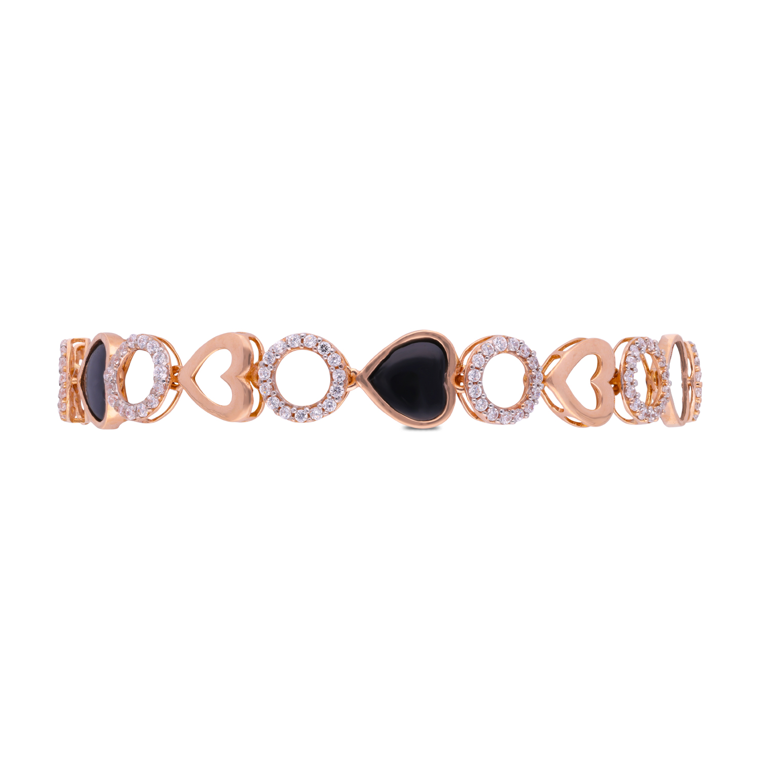 Chic Heart Motif Gold Bracelet with White Zircon & Black Onyx