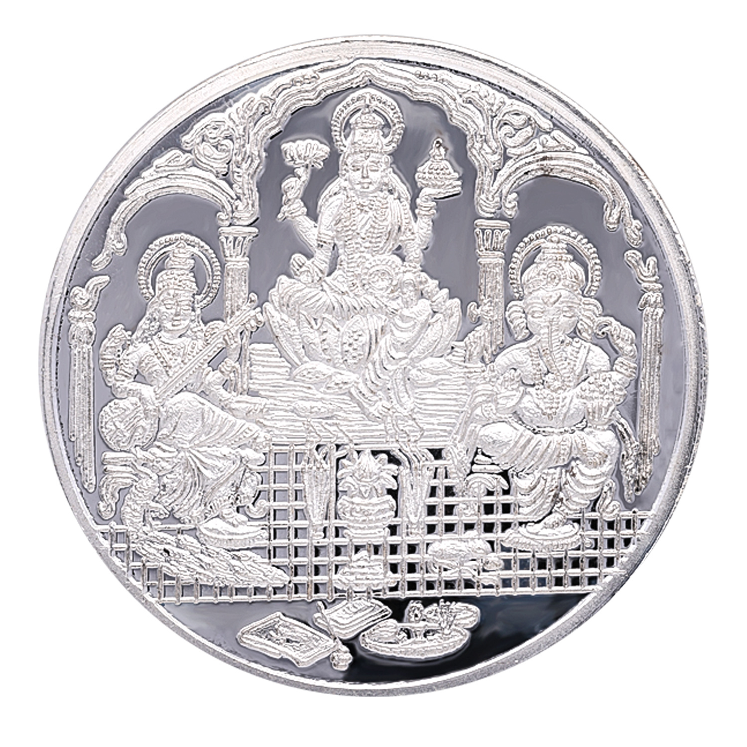 100gm Regal Divine Trimurti Coin –  Silver Elegance of Ganesha, Lakshmi & Saraswati