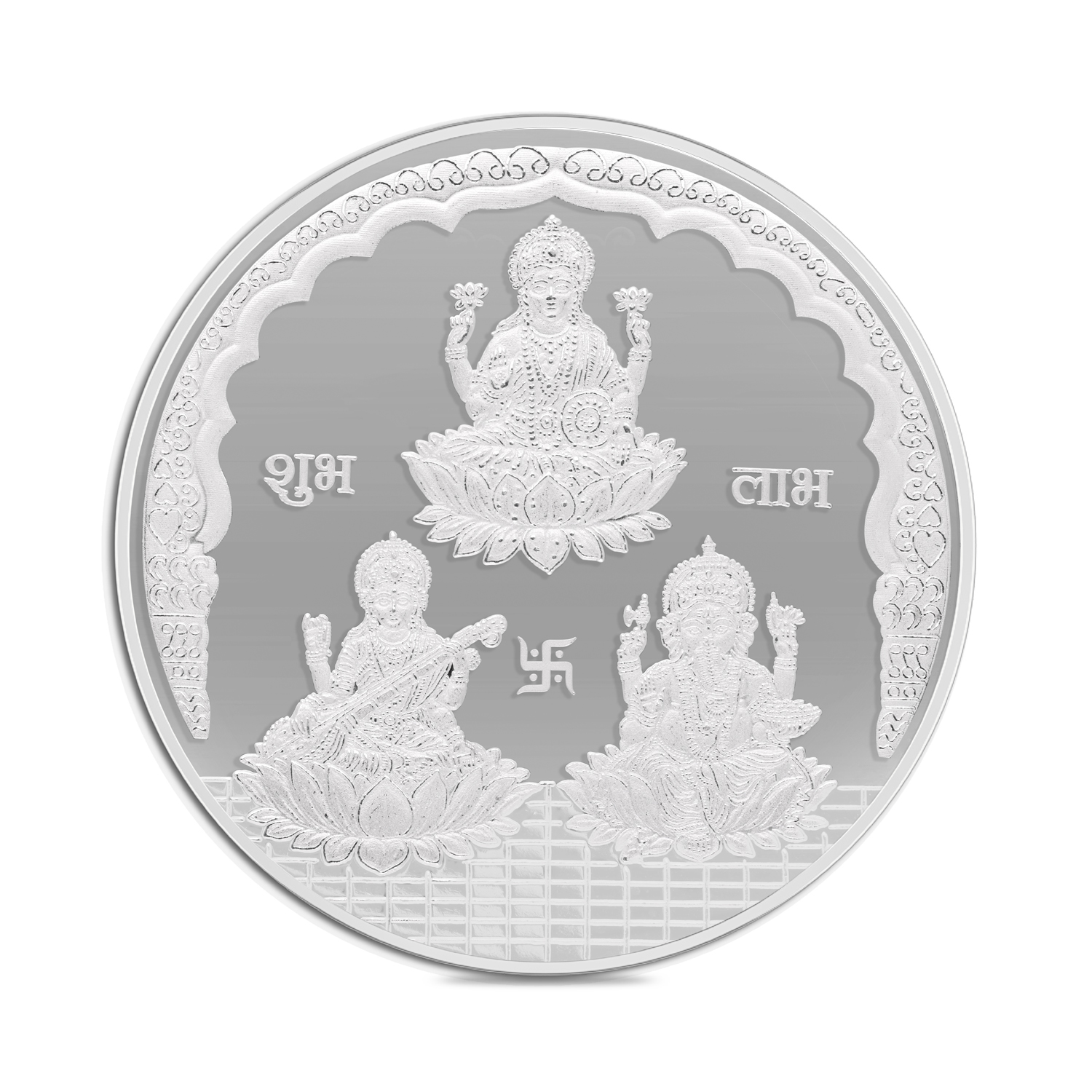50gm Regal Divine Trimurti Coin –  Silver Elegance of Ganesha, Lakshmi & Saraswati