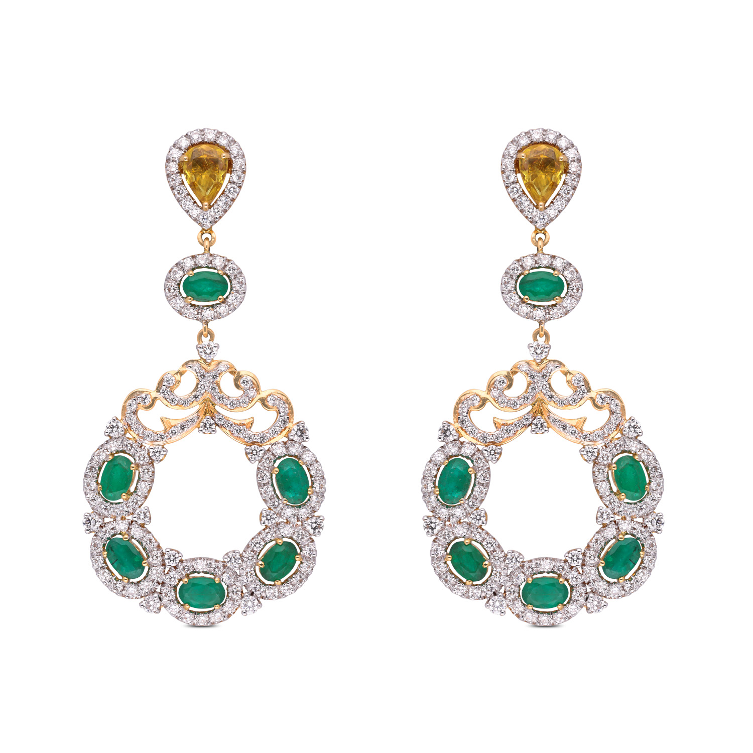 Regal Opulence: Emerald & Yellow Sapphire Encrusted Gold Ear Drops