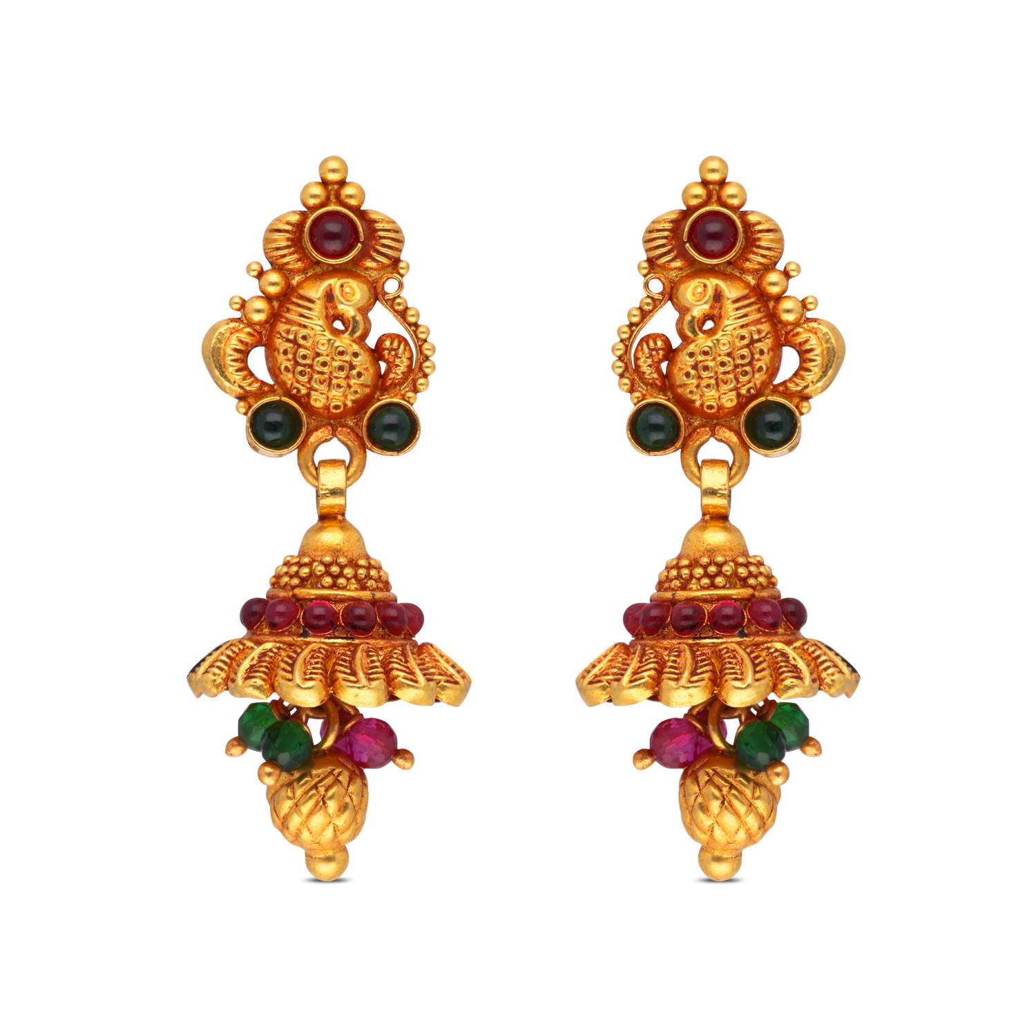 Timeless Temple Elegance: Gold Jhumka Earrings with Red & Green Stones