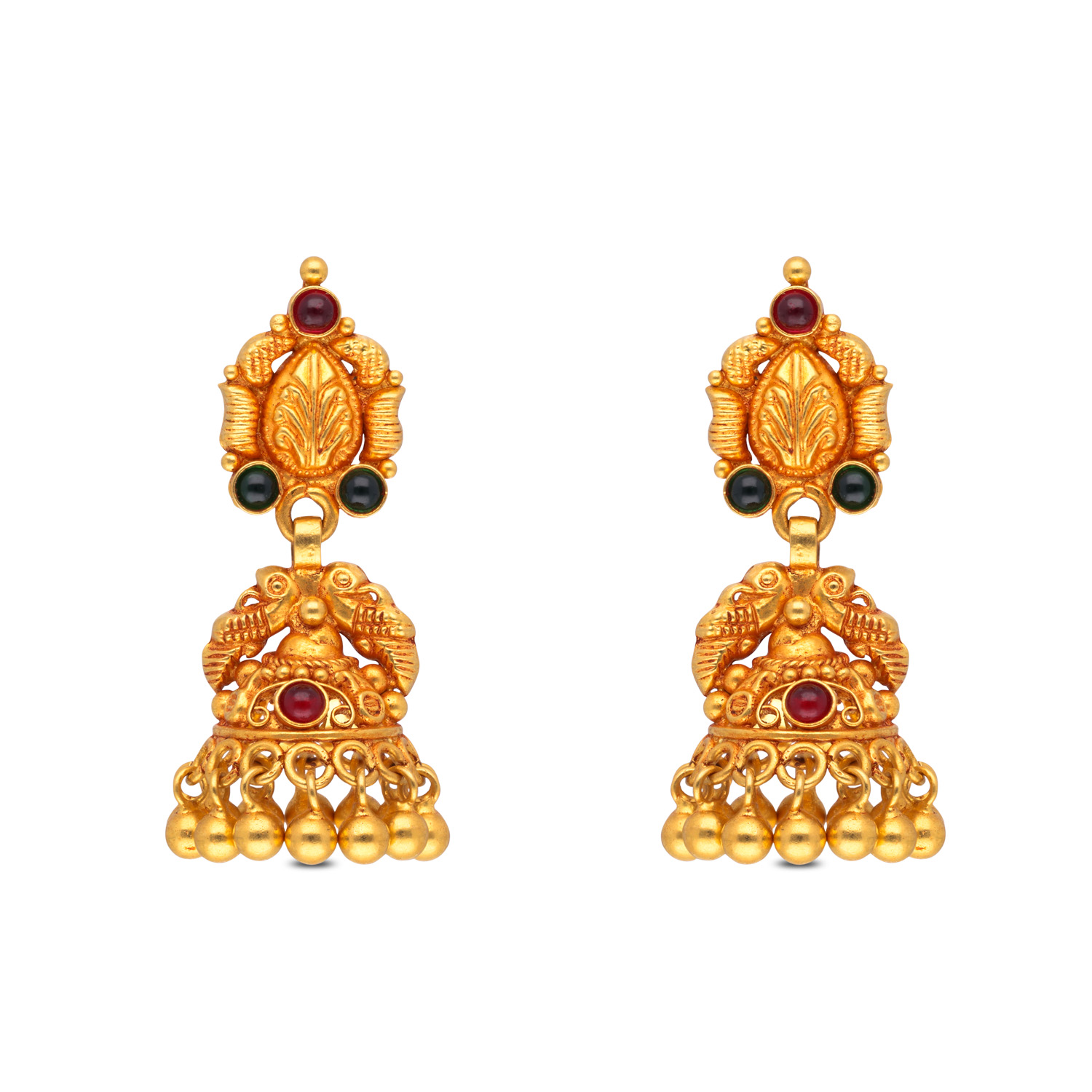 Temple-Inspired Gold Jhumka Earrings with Red & Green Stones ? A Symbol of Divine Elegance