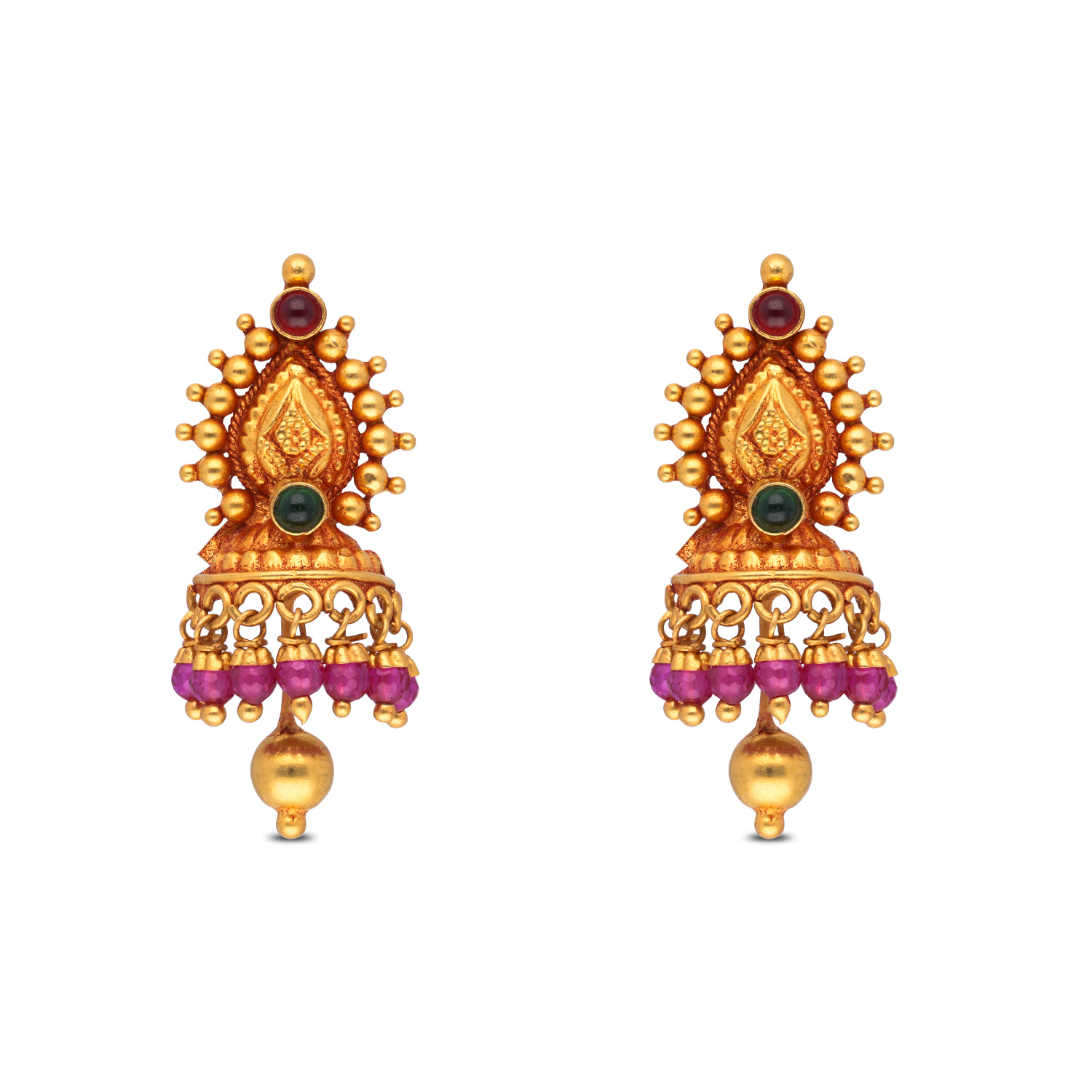 Exquisite Gold Jhumka Earrings with Red & Green Stones ? A Timeless Heritage Marvel