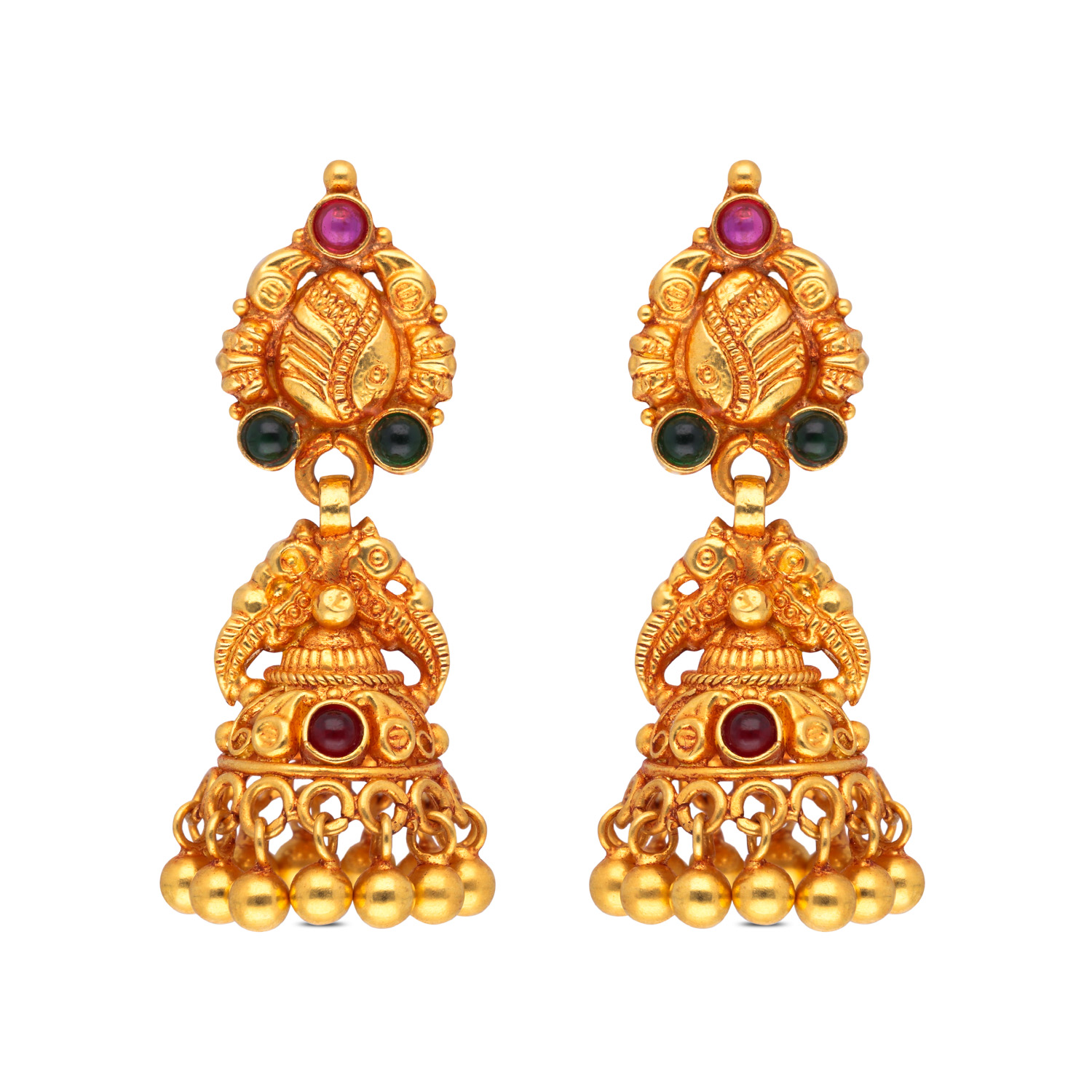 Majestic Gold Jhumka Earrings with Red & Green Stones ? A Divine Heritage Masterpiece