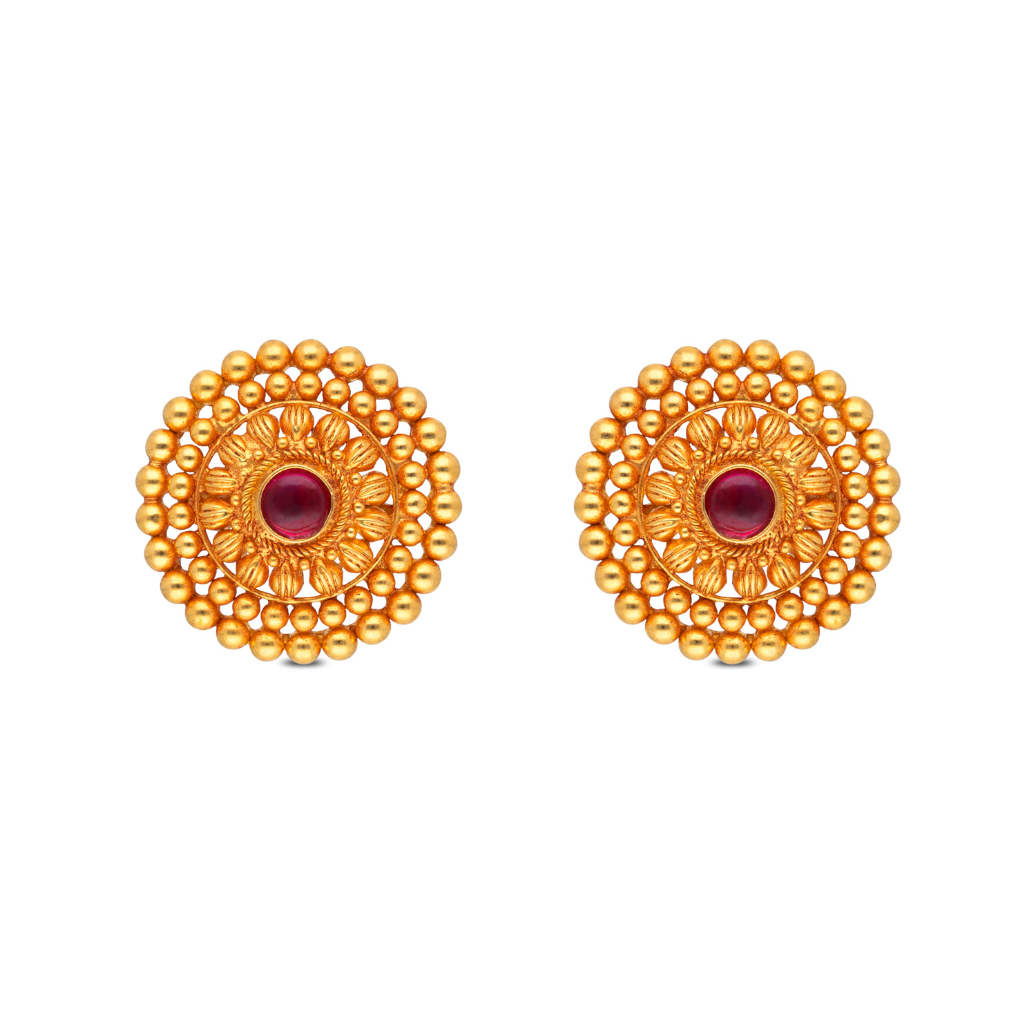 Classic Radiance: Gold Stud Earrings with Red Stone Accent