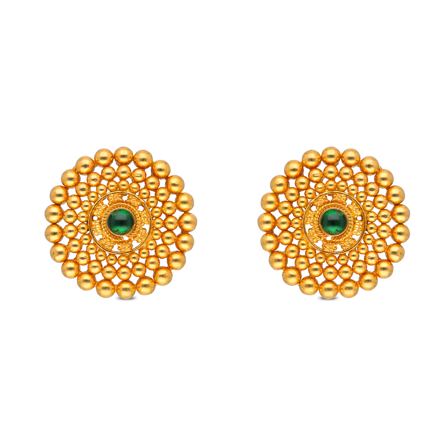 Timeless Bloom: Gold Ear Studs with Green Stone Accent