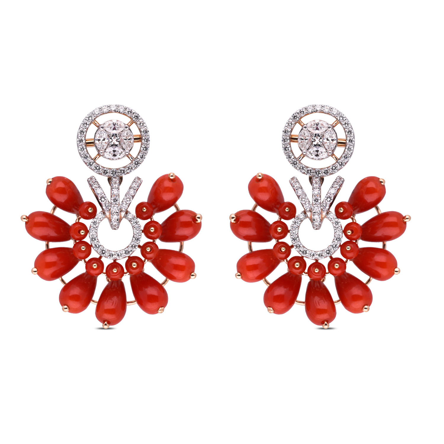 Exquisite Gold Drop Earrings with Coral Beads and Brilliant Stones-A Fusion of Elegance and Vibrance
