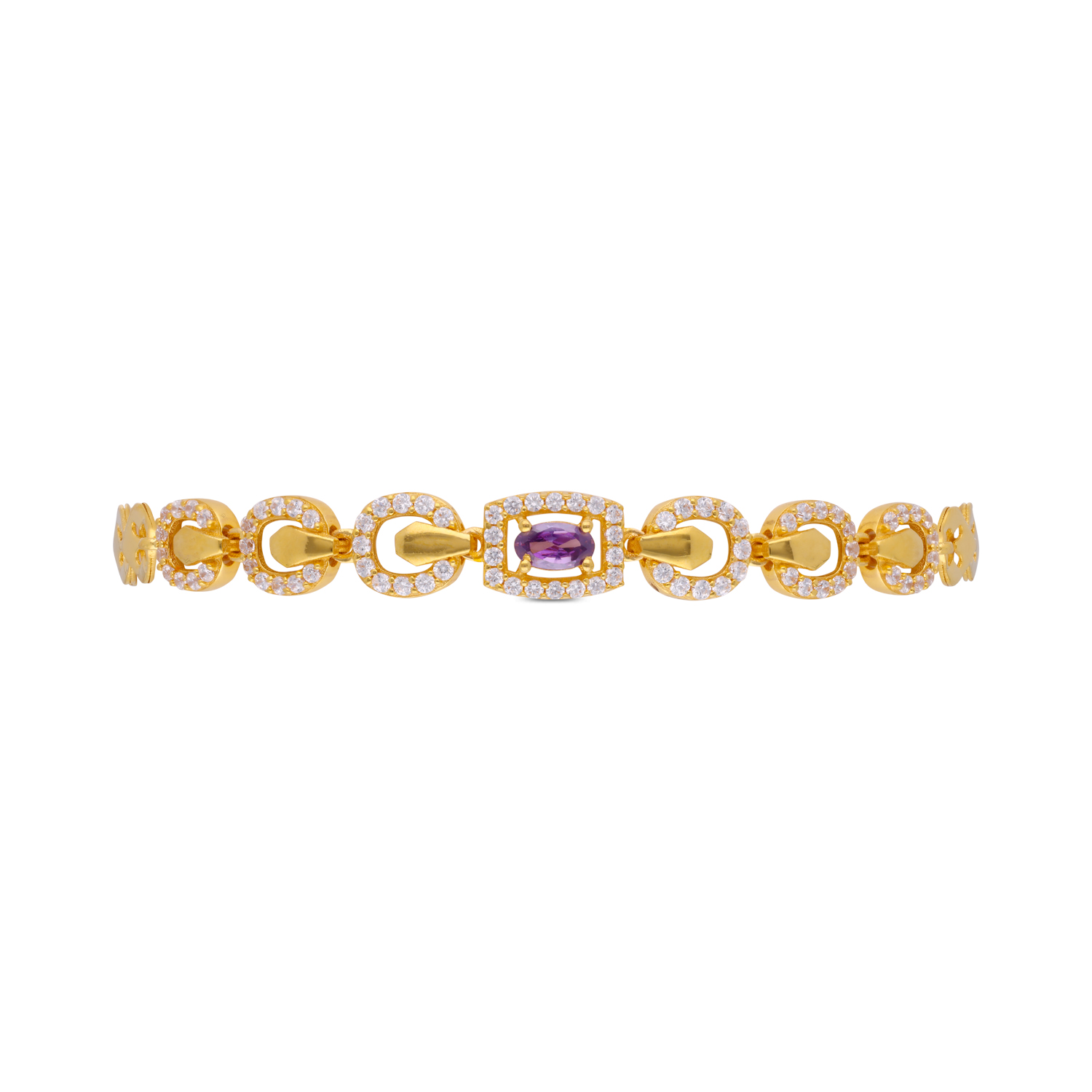Regal Link Gold Bracelet – Embellished with White Cubic Zirconia & Blue Stone