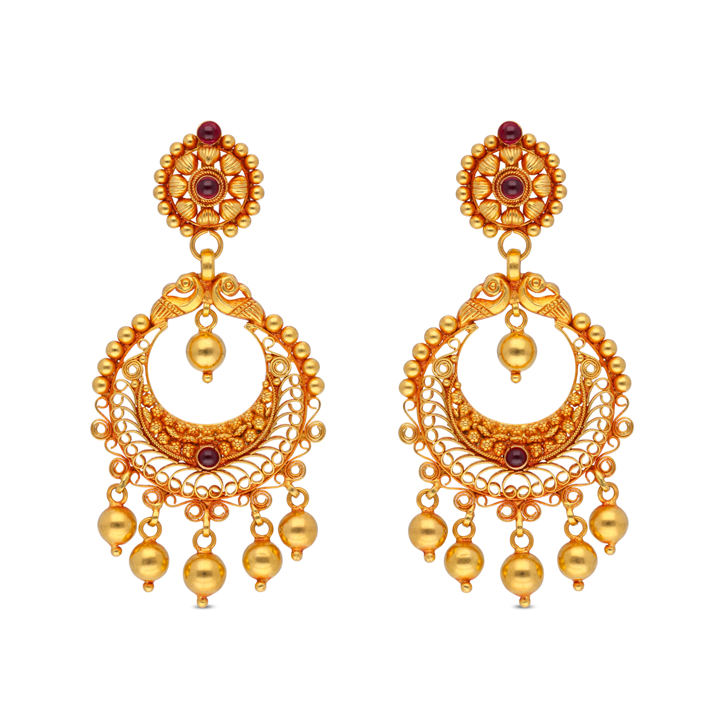 Regal Gold Ear Drops with Intricate Filigree & Red Stone Accents