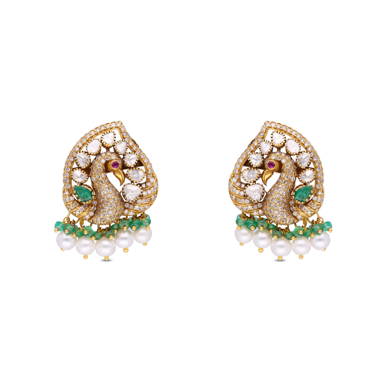 Majestic Peacock Gold Ear Studs – Adorned with Emerald, Rose-Cut Stones & Pearls