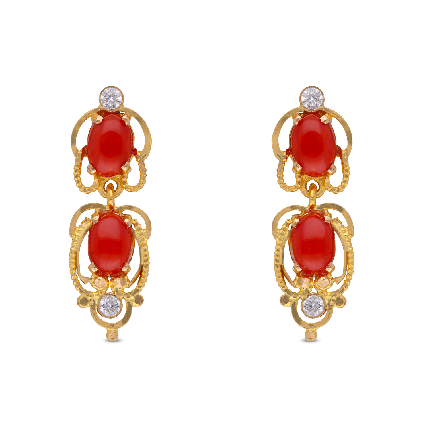 Elegant Gold Ear Drops with Coral Cut and Button Pearl Accents