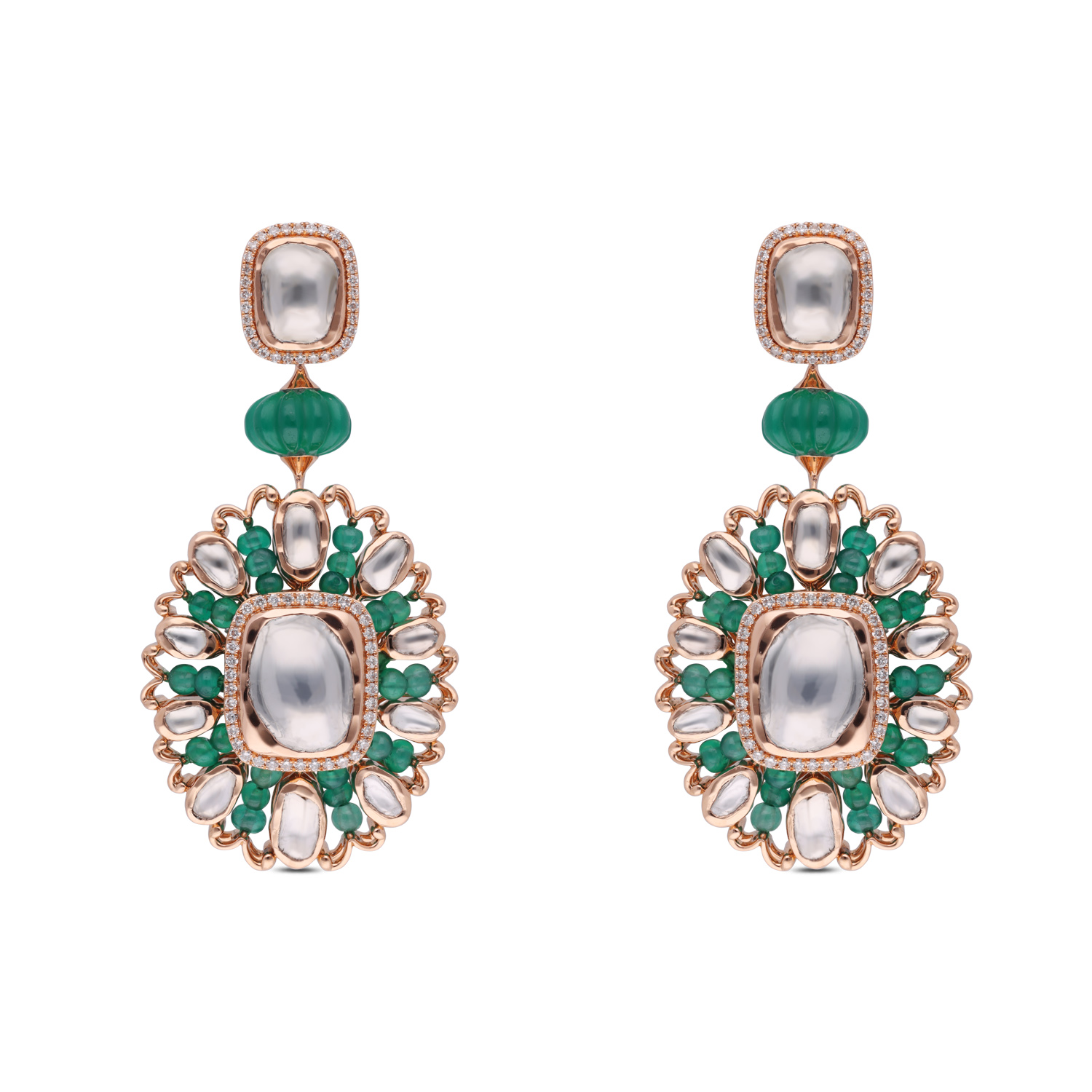 Elegant Gold Earrings with Green Stones and Pearls