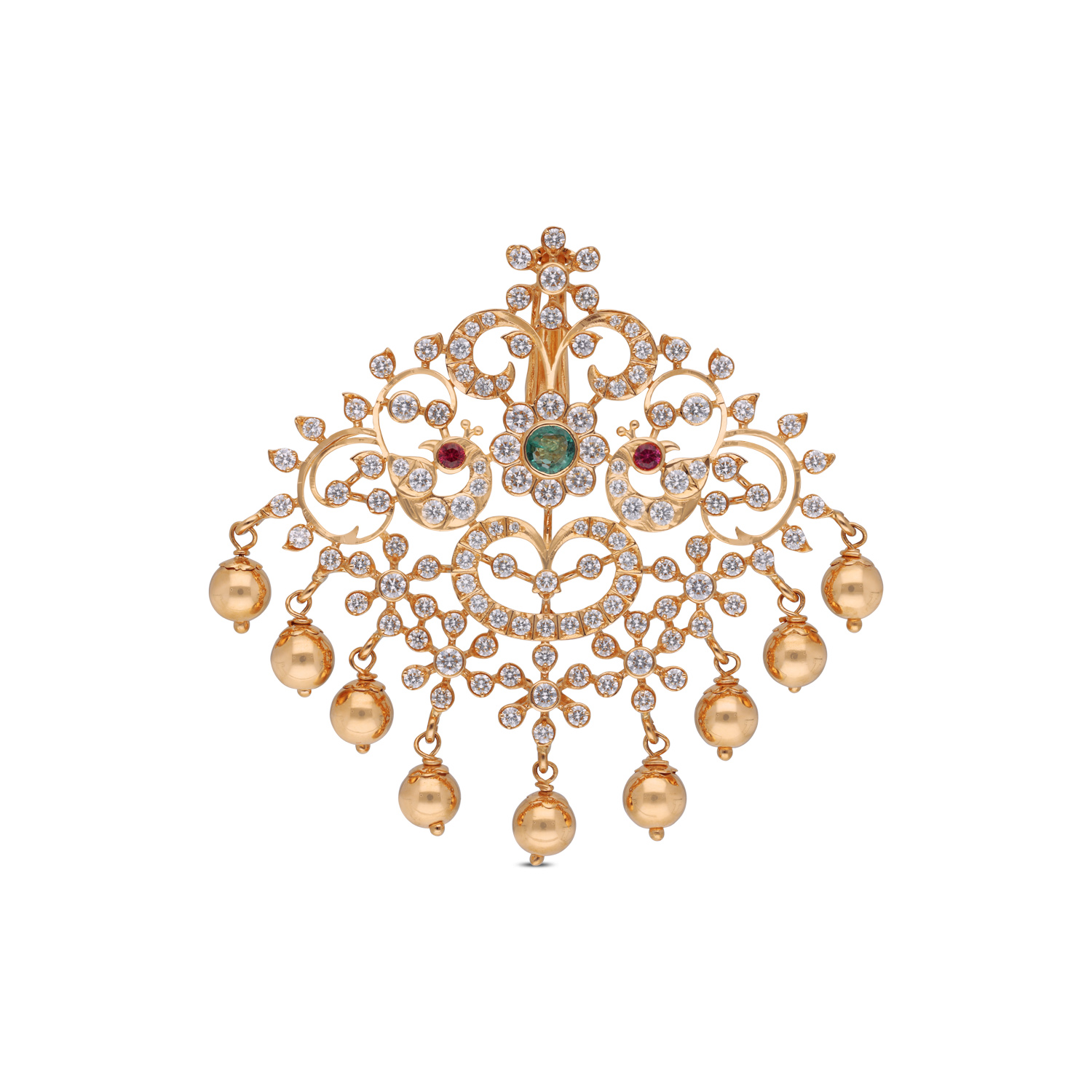 Exquisite Gold Pendant with Emerald, Ruby, and Sparkling Stones