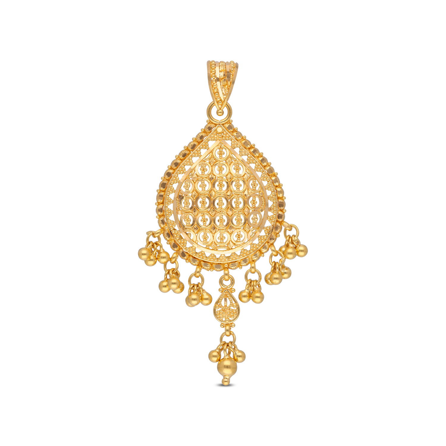 Grand Jali-Work Gold Pendant with Dangling Motifs