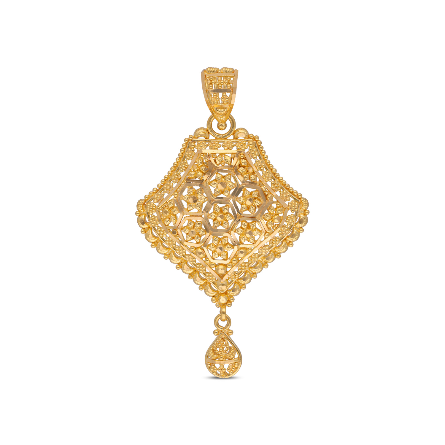 Grand Heritage Gold Pendant with Intricate Lattice & Dangling Charms