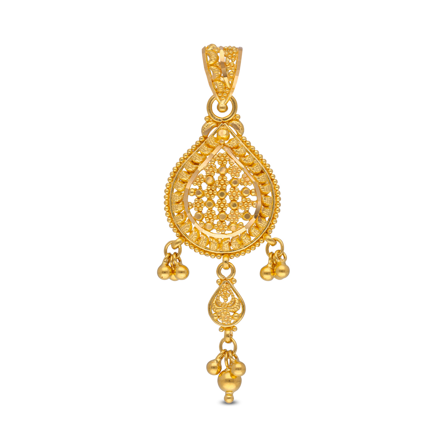 Graceful Teardrop Filigree Gold Pendant with Dangling Charms
