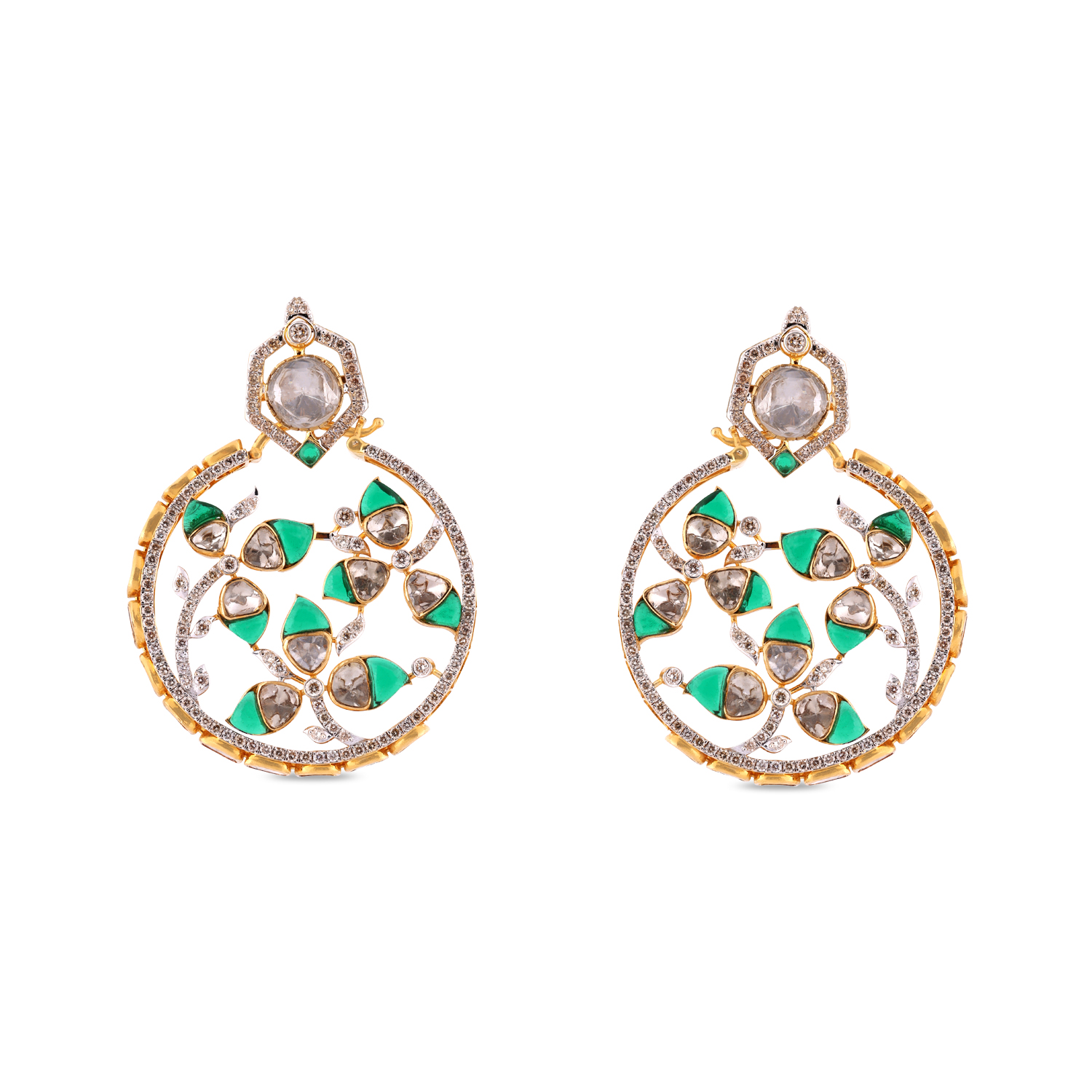 Ornate Gold Ear Drops with Rose-Cut Stones & Glass-Filled Gemstones