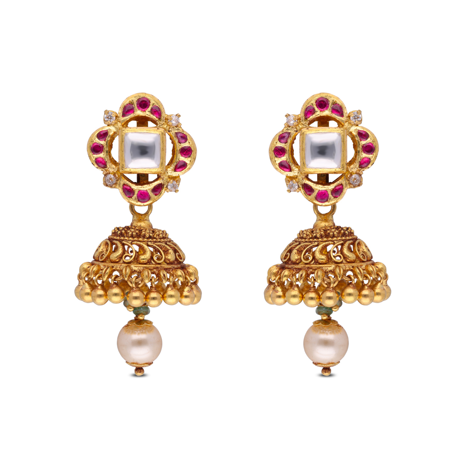 Royal Kundan Jhumka Earrings with White Zircon & Green Stone Accents