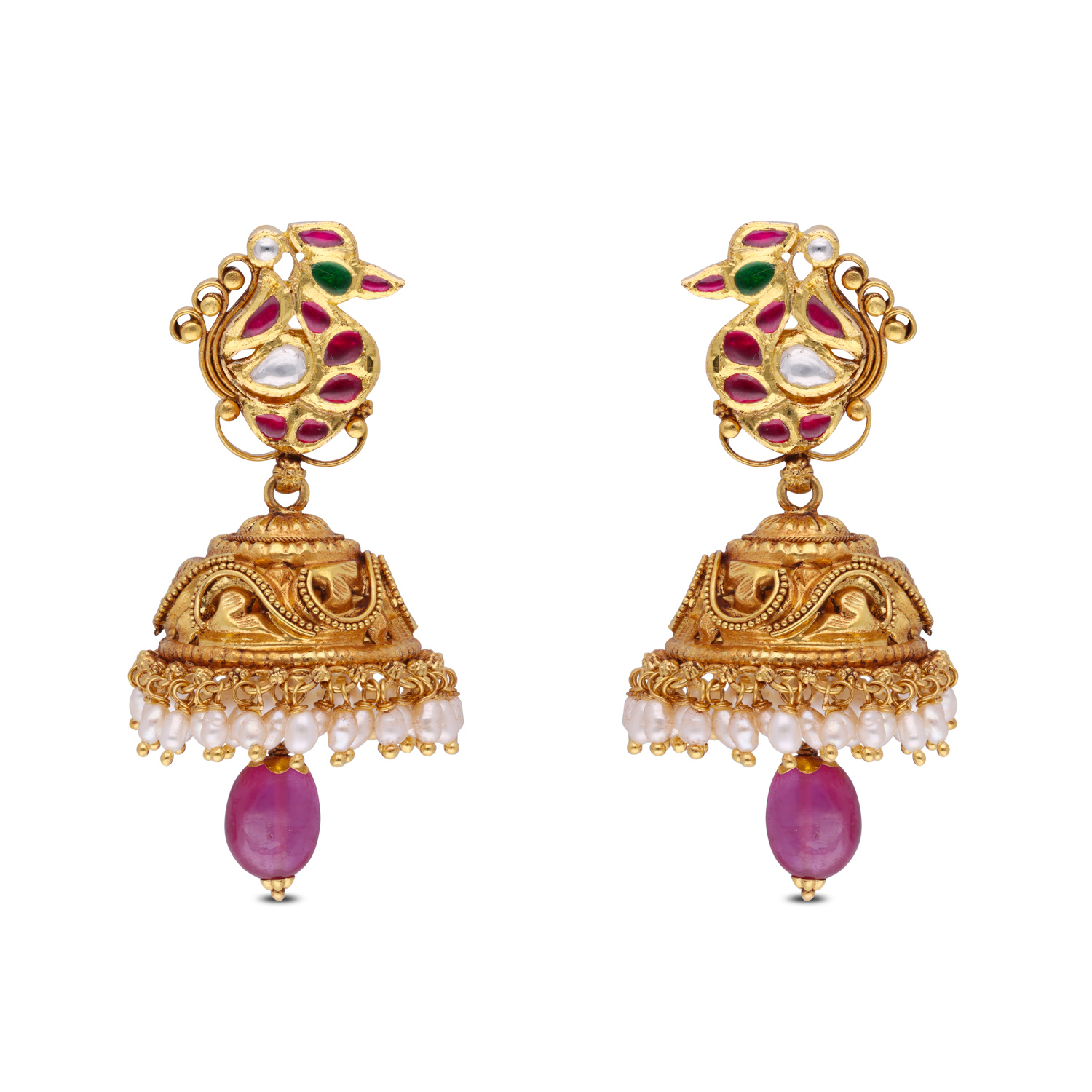 Opulent Kundan Peacock Jhumka Earrings with Pearl & Red Stone Drops