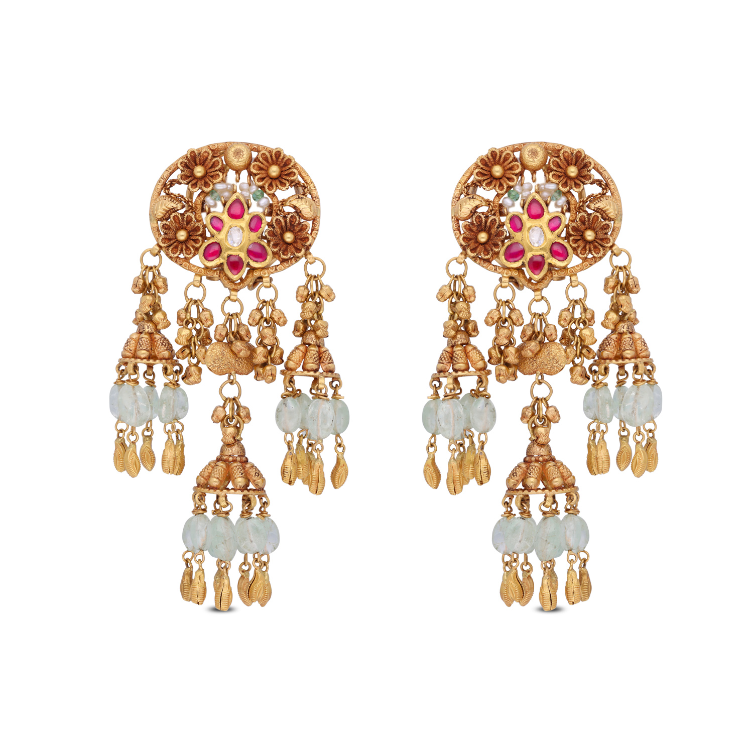 Exquisite Kundan Chandbali Earrings with Pearl & Green Stone Cascades