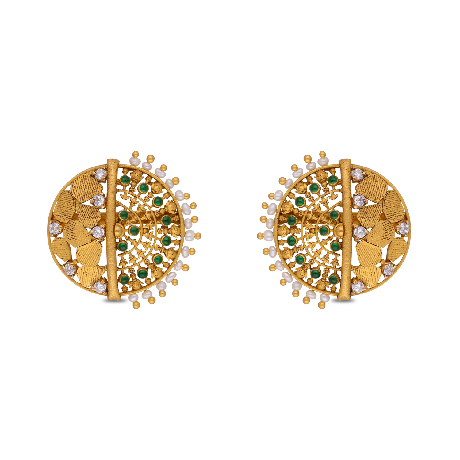 Artisan Halo Gold Ear Studs with White Cubic Zirconia & Cultured Pearls