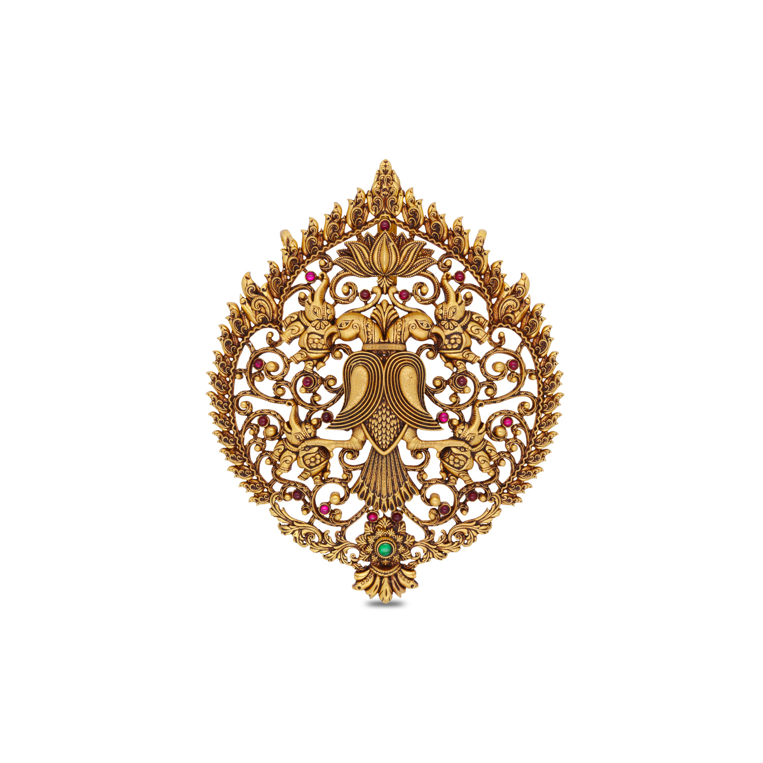 Majestic Gandaberunda Gold Pendant with Red & Green Stone Accents